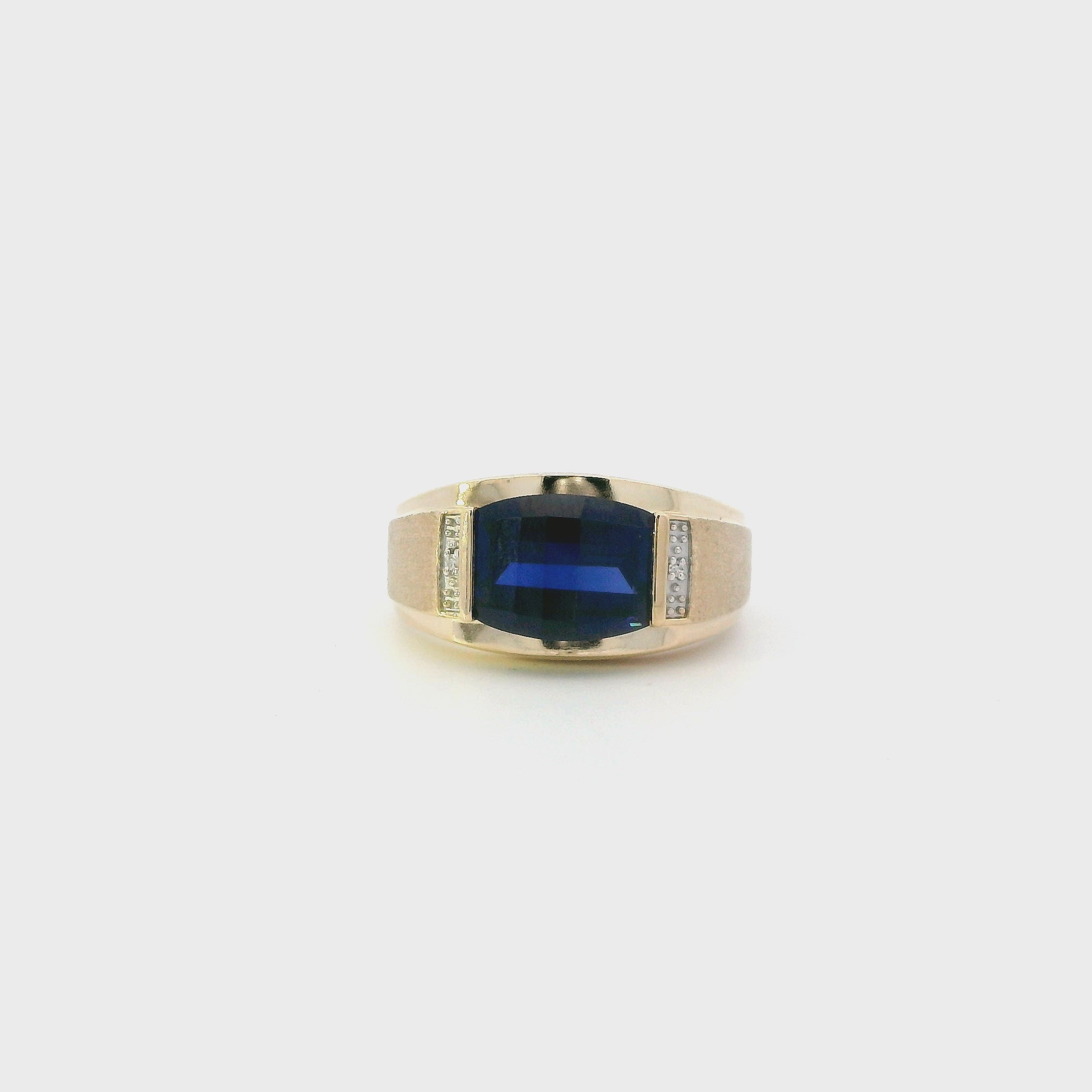 14K Yellow Gold Synthetic Blue Sapphire & Diamond Men's Ring