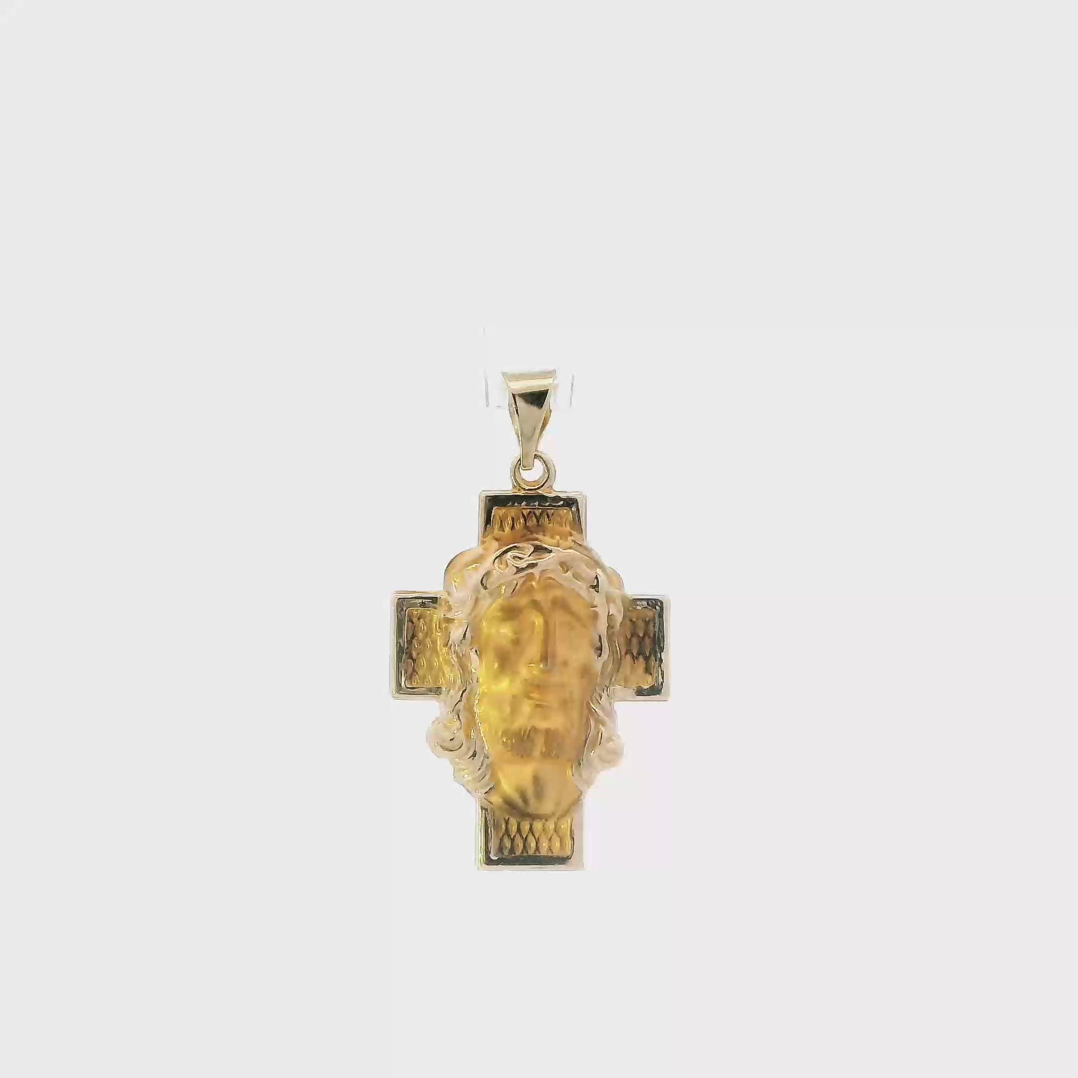 14K Yellow Gold Diamond Cut Jesus Face Cross Pendant