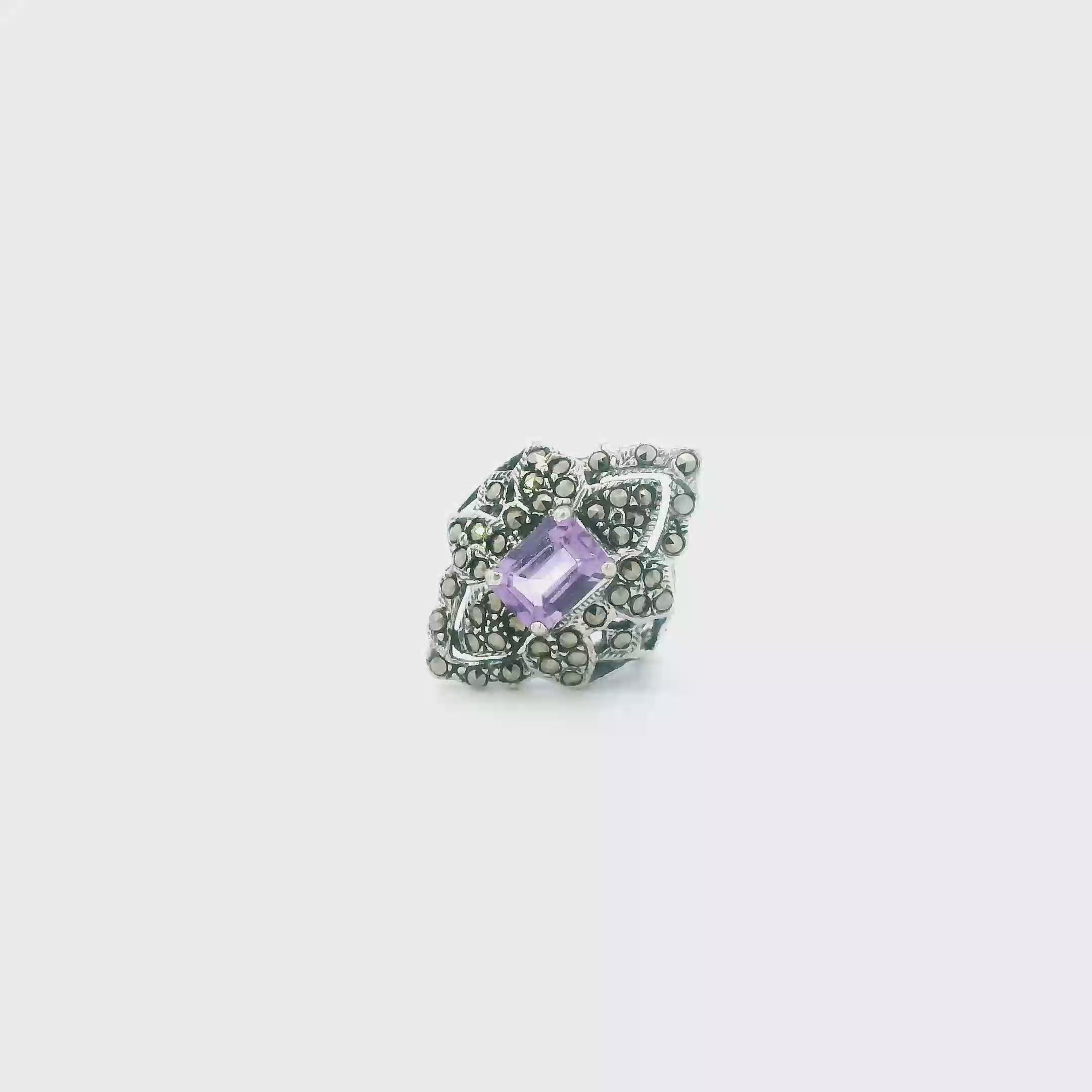 Sterling Silver Marcasite & Amethyst Womens Ring