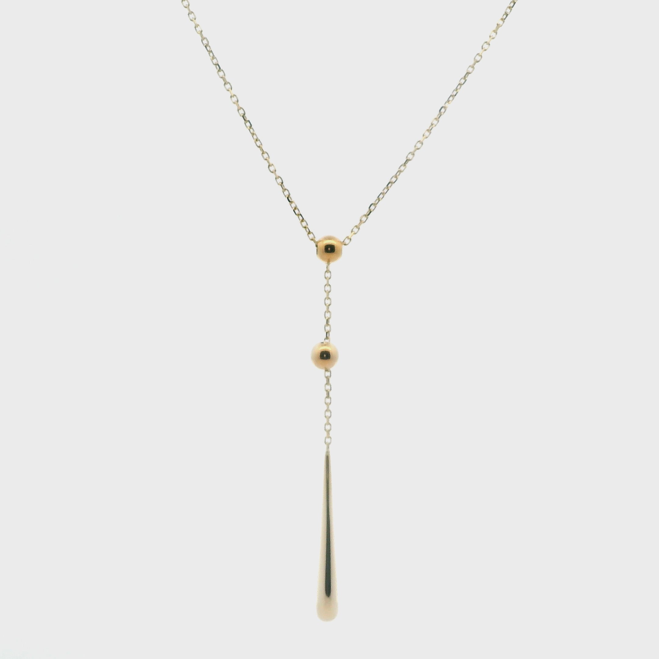 14K Yellow Gold Lariat Design Beaded Dangle Necklace