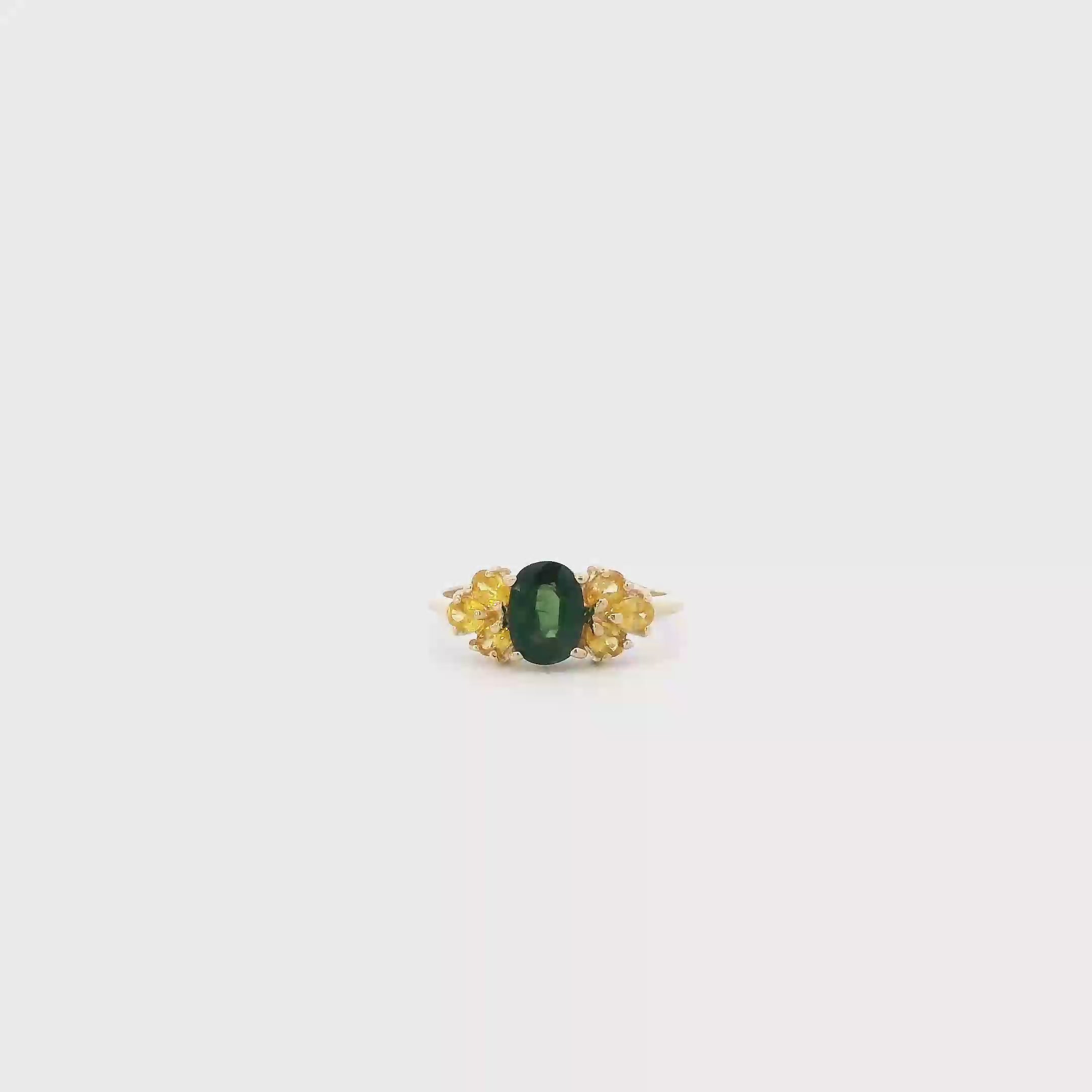 14K Yellow Gold Oval Green & Yellow Sapphire Womens Ring