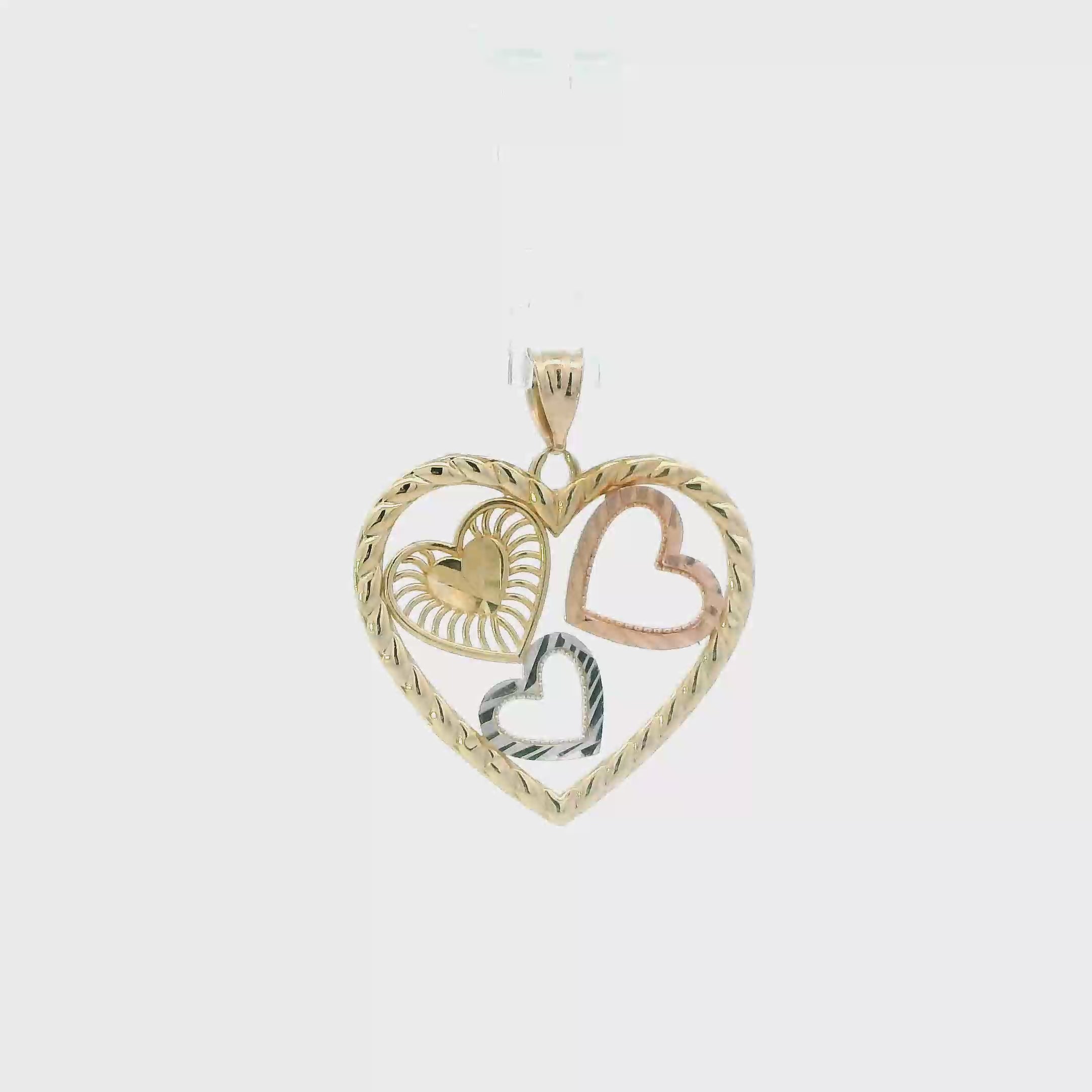 14K Tri Color Diamond Cut Hearts In Heart Pendant