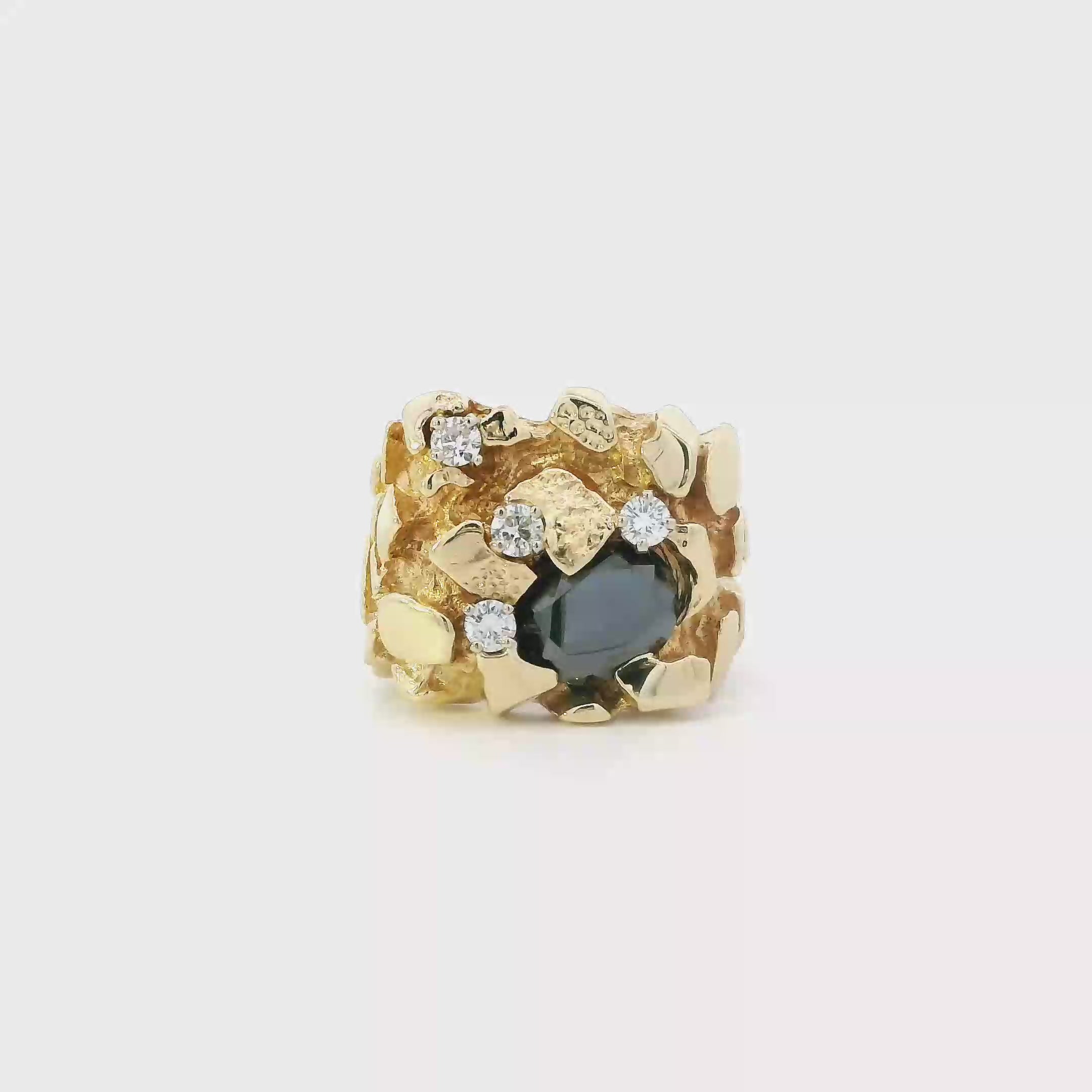 14K Yellow Gold Diamond & Onyx Nugget Mens Ring - 0.40ct