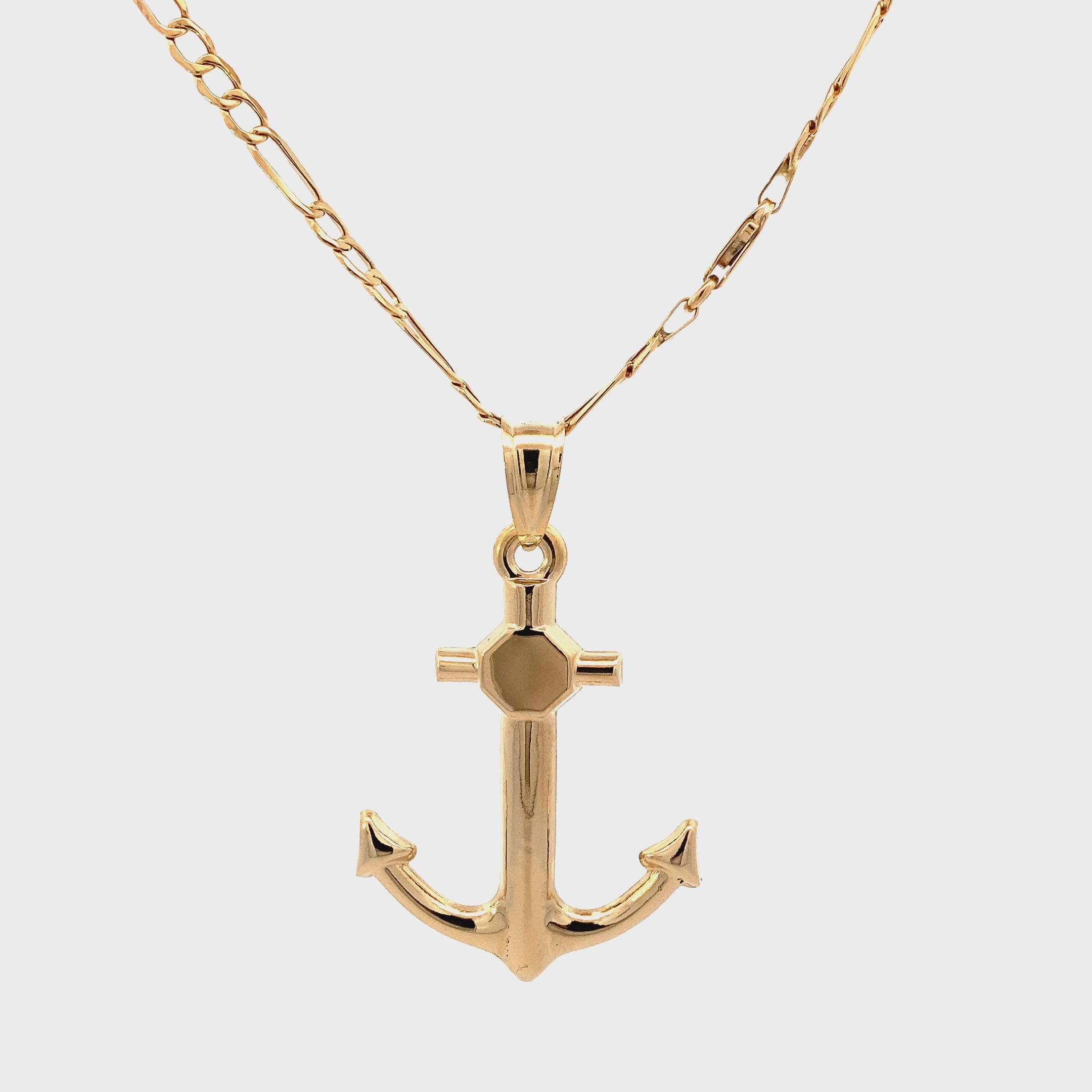 18K Yellow Gold Anchor Pendant & Figaro Chain Set