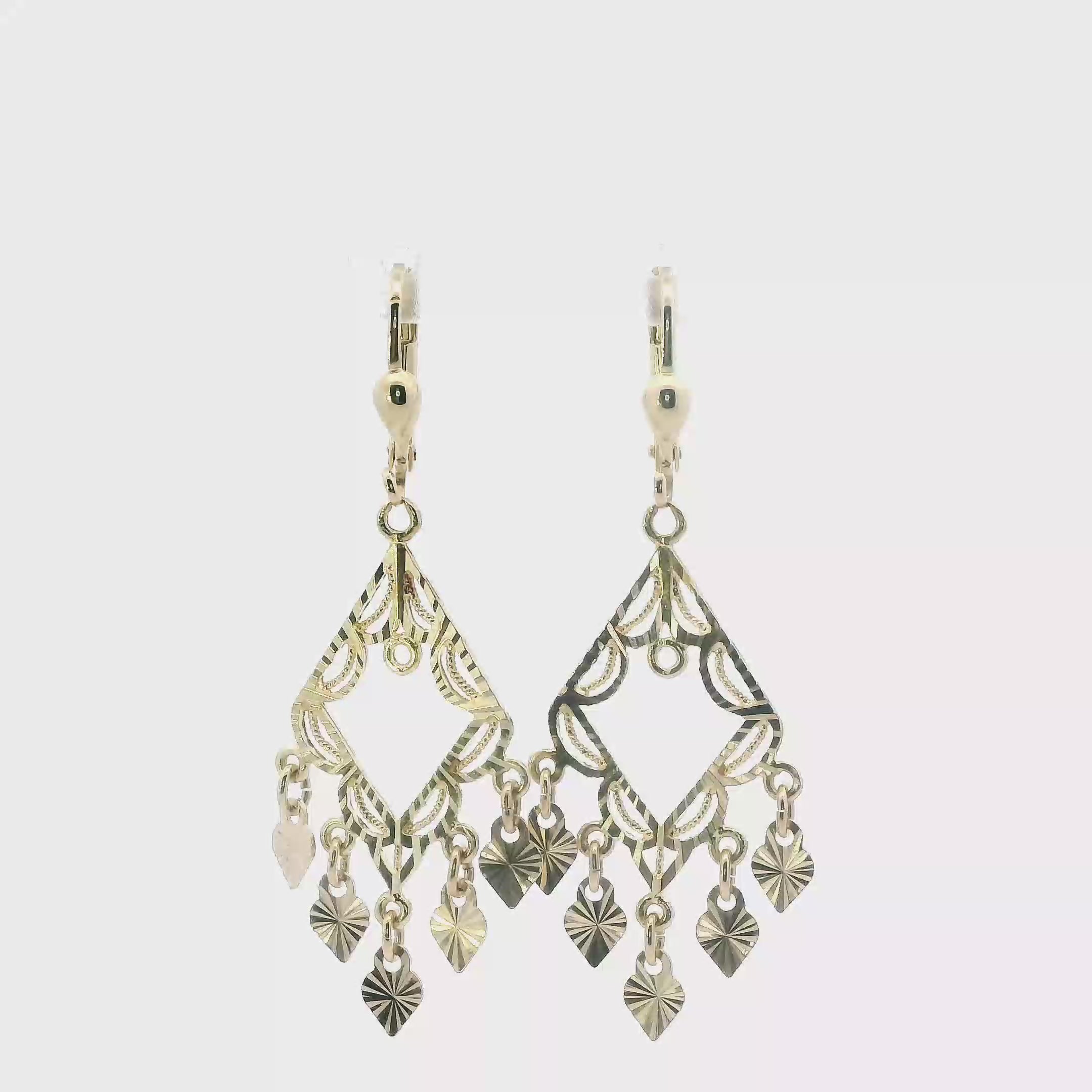 14K Yellow Gold Heart Chandelier Earrings