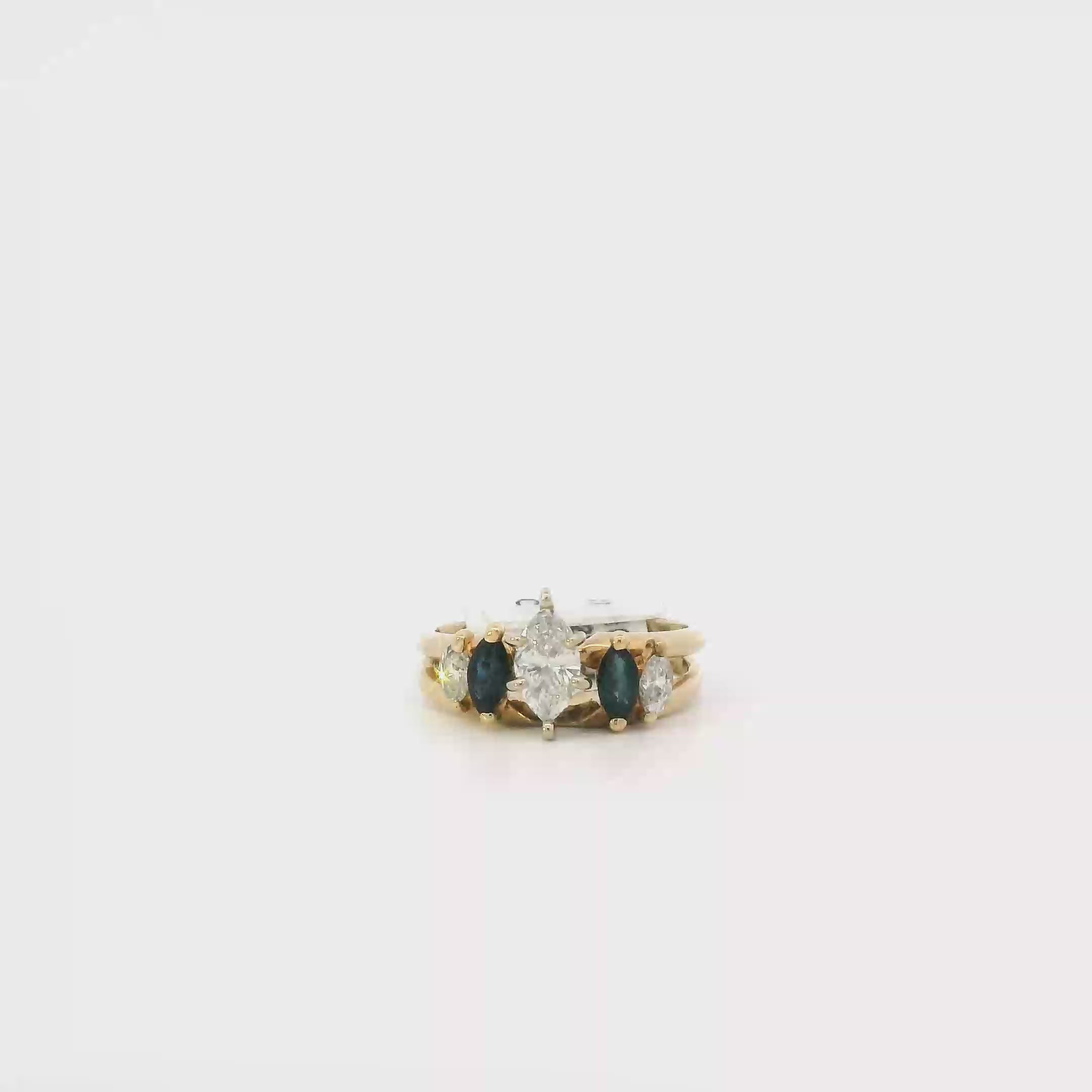 14K Yellow & White Gold Diamond & Sapphire Engagement & Wedding Ring Set - 0.68ct