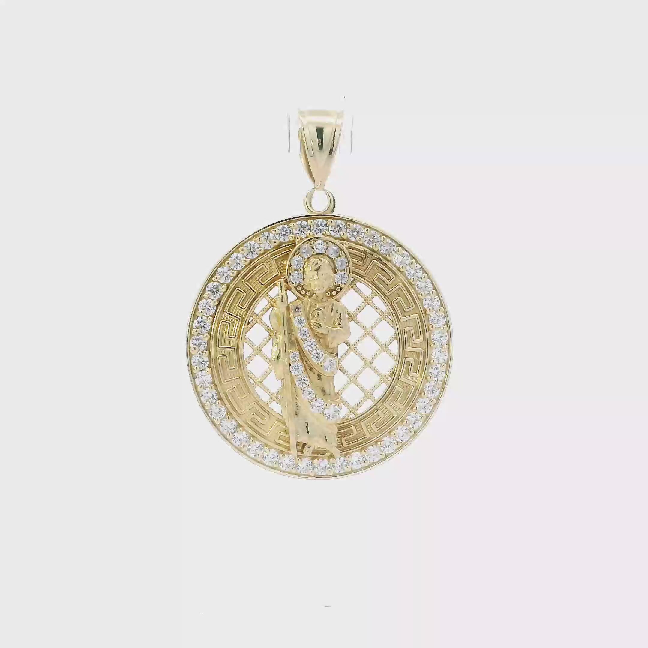 14K Yellow Gold Cz Round Greek Design Religious Pendant