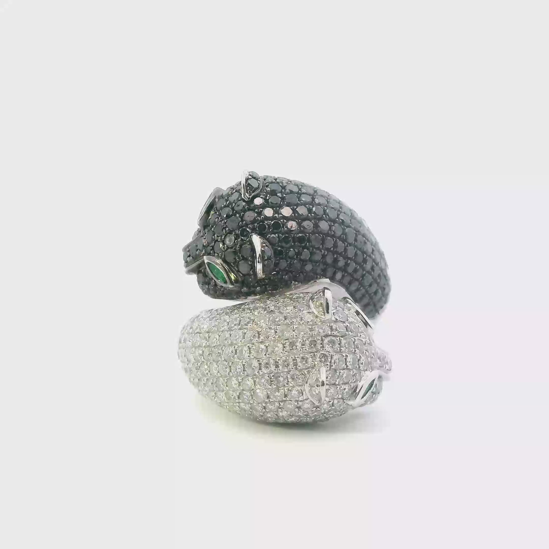 14K White Gold Black Diamonds & Emerald Double Panther Wrap Womens Ring - 5.31ct