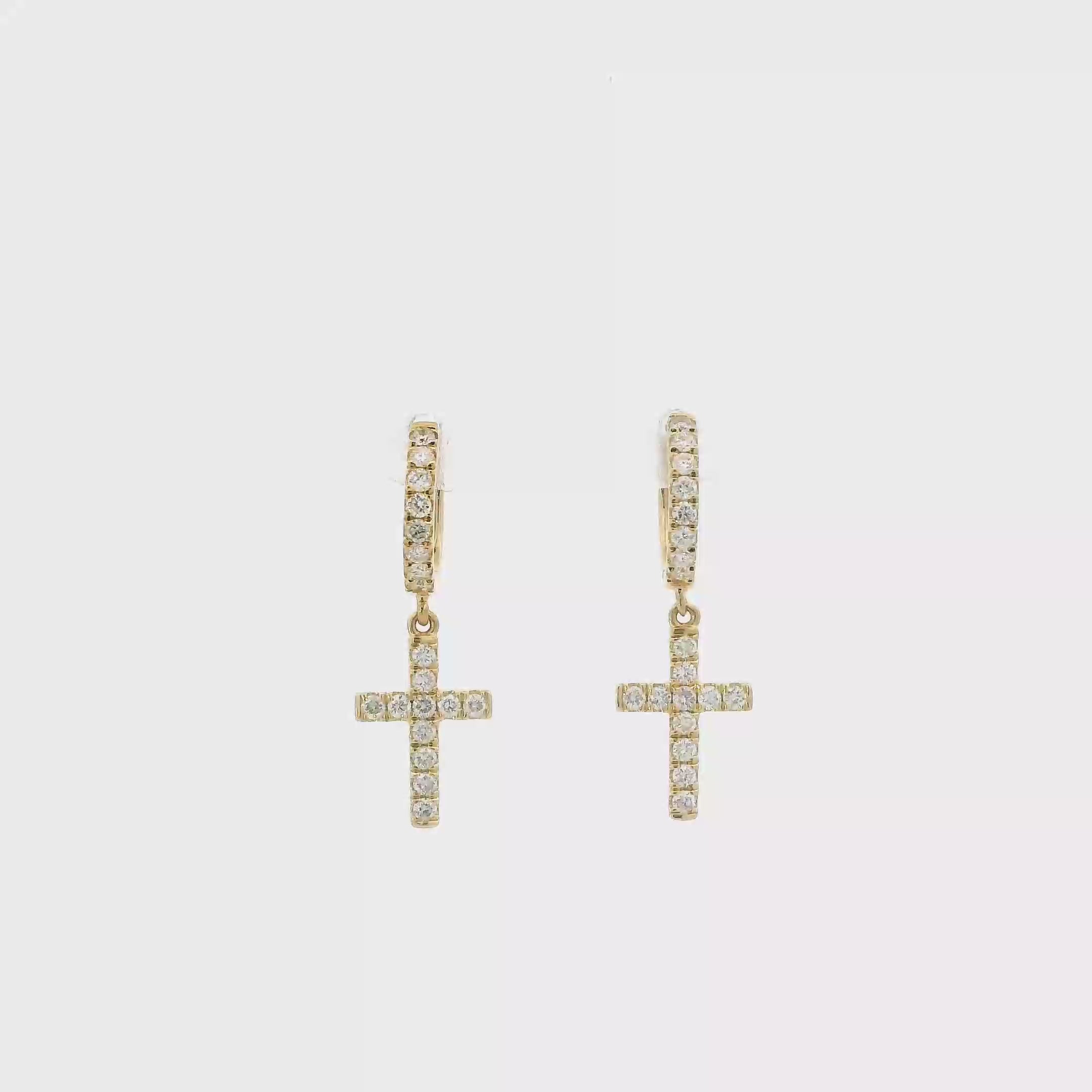 14K Yellow Gold Diamond Hoop & Dangle Cross Earrings - 0.58ct