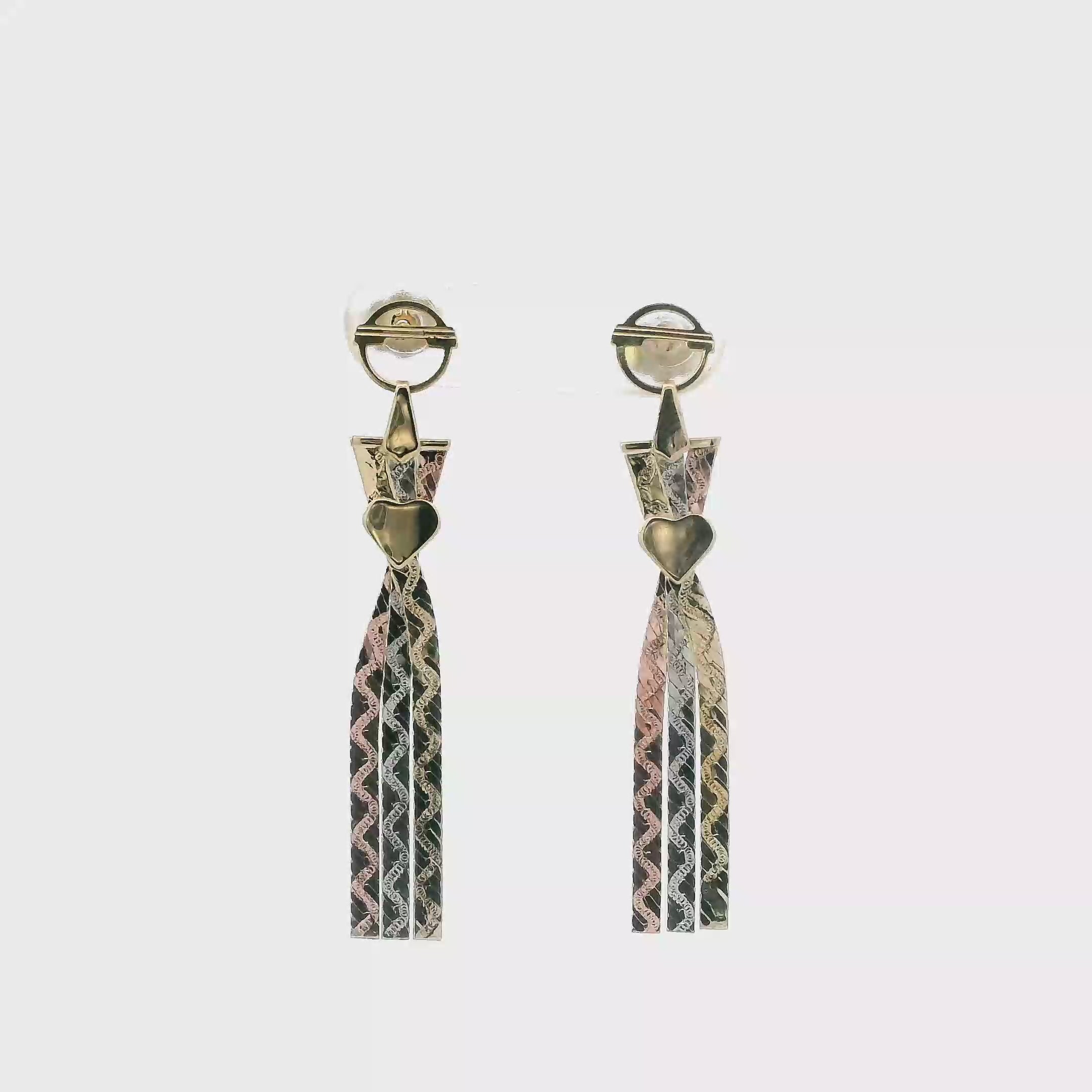 14K Tri Color Gold Triple Strand Herringbone Heart Dangle Earrings