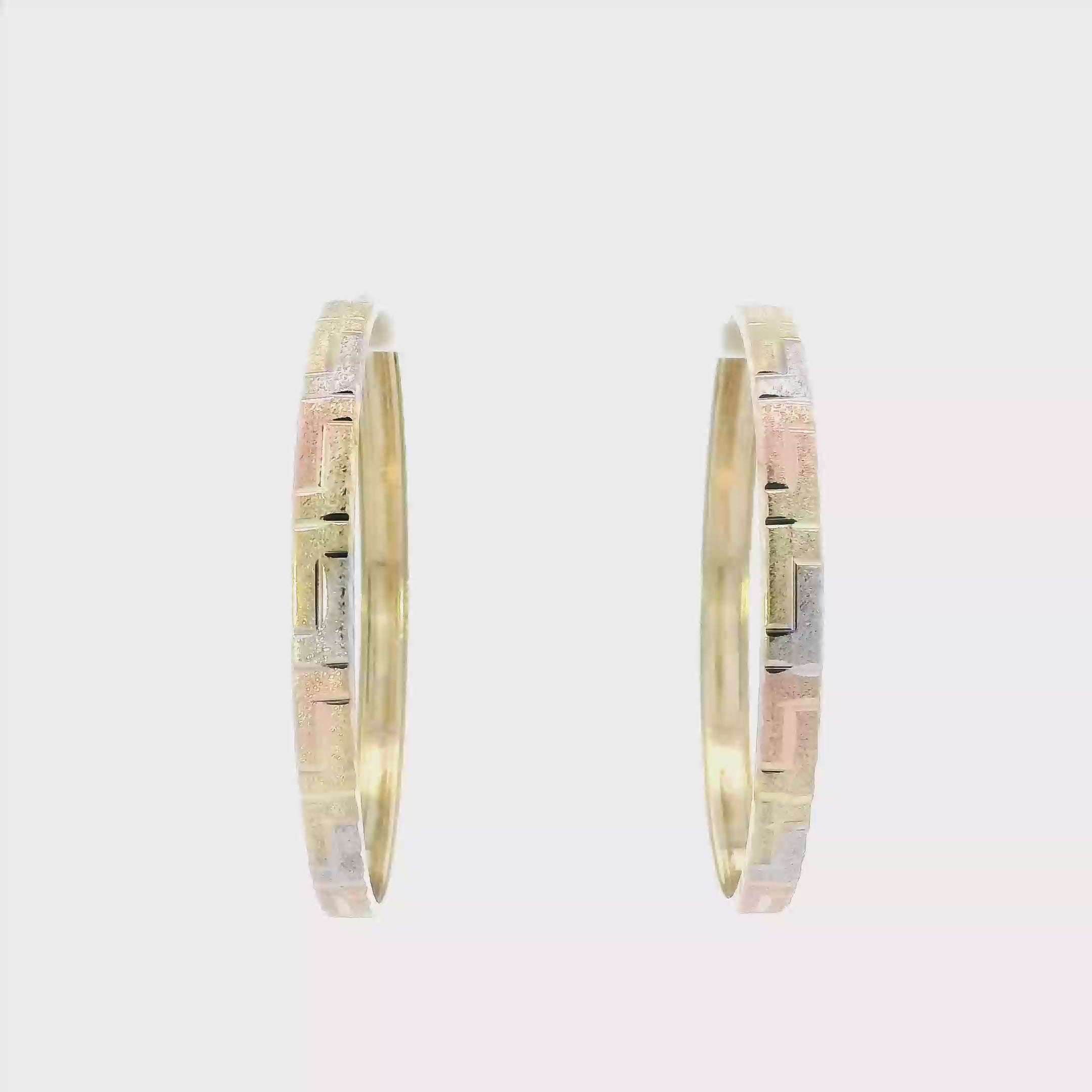 14K Tri Color Gold Greek Design Hoop Earrings