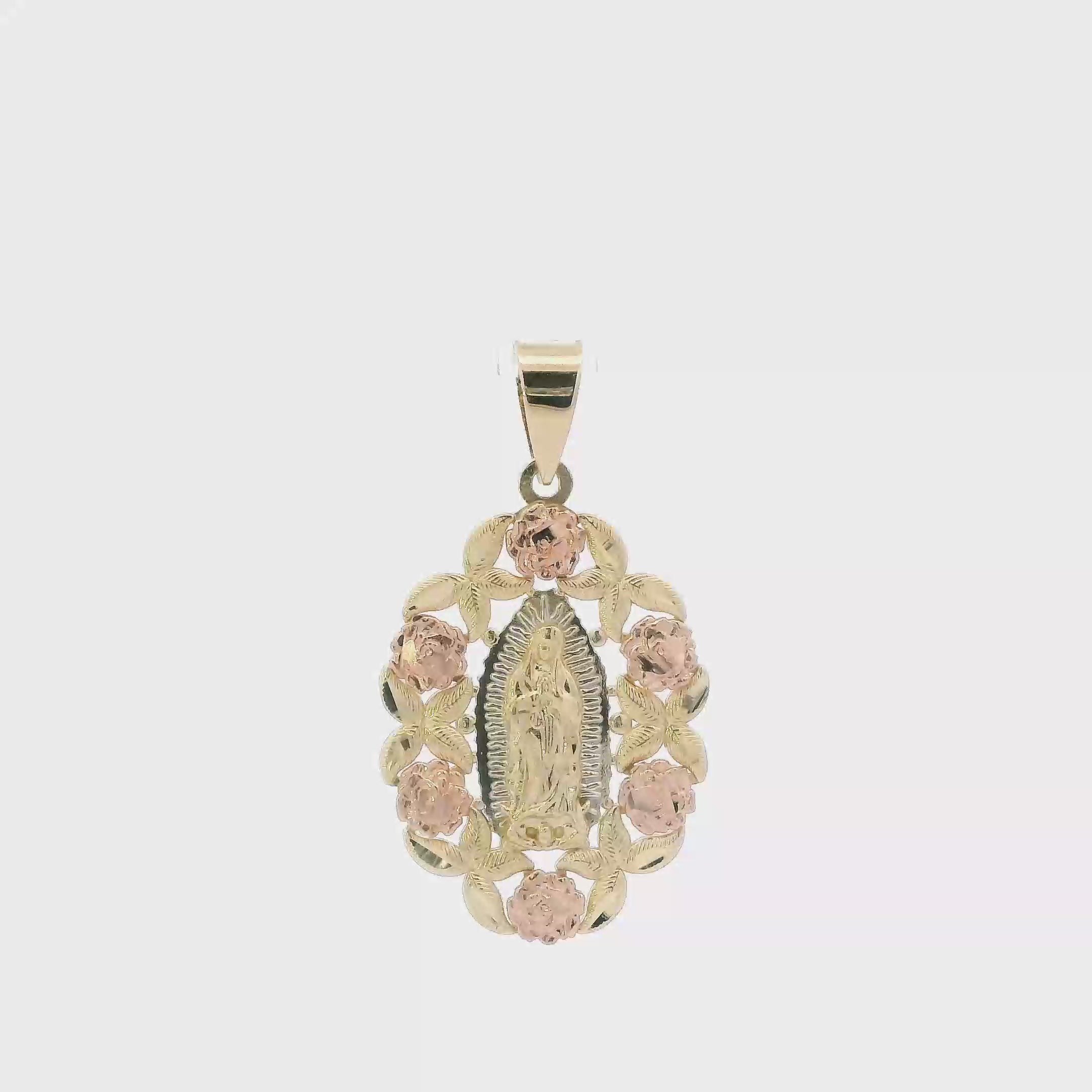 14K Yellow & Rose Gold Floral Wreath Virgin Mary Pendant