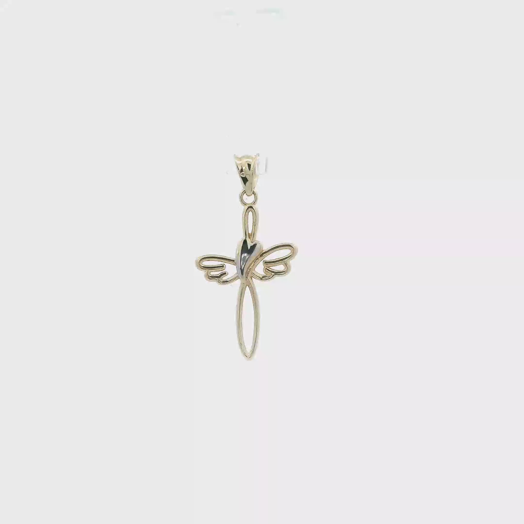 14K Yellow & White Gold Heart & Wings Cross Pendant