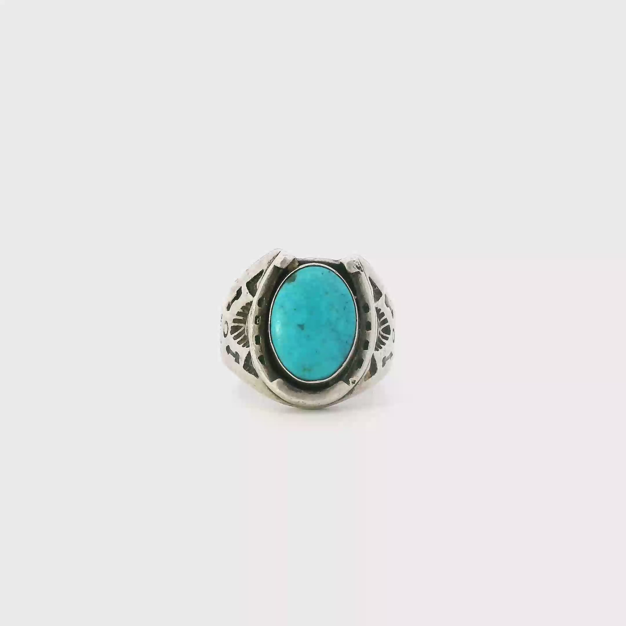 Sterling Silber Vintage Bell Trading Post Oval Turquoise Cabochon Horseshoe Ring