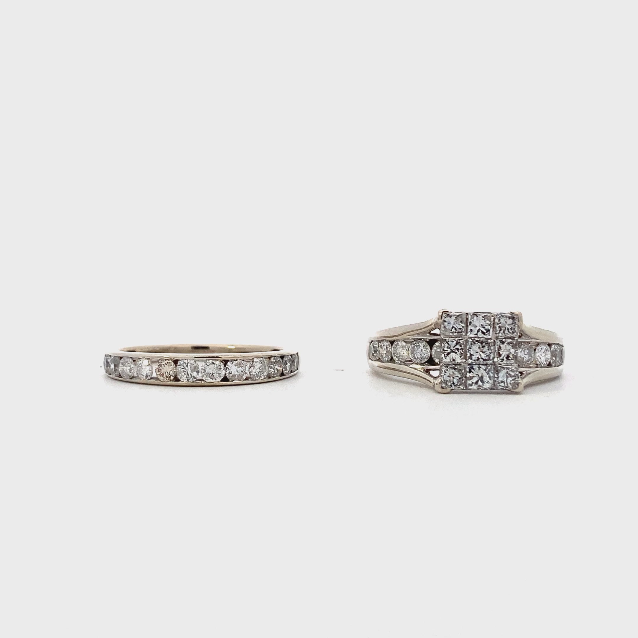 10K White Gold Diamond Engagement & Wedding Ring Set - 1.14ct