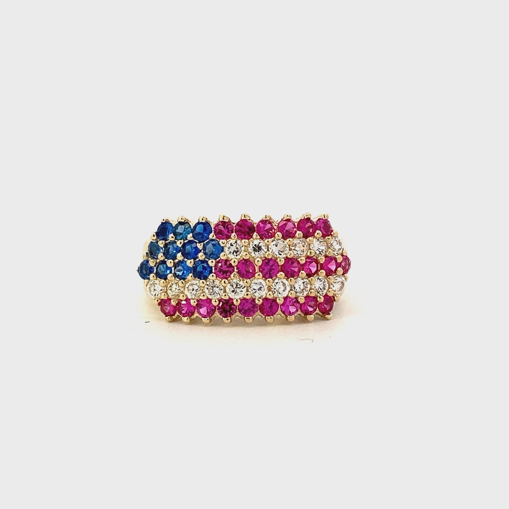 10K Yellow Gold CZ American Flag Ring