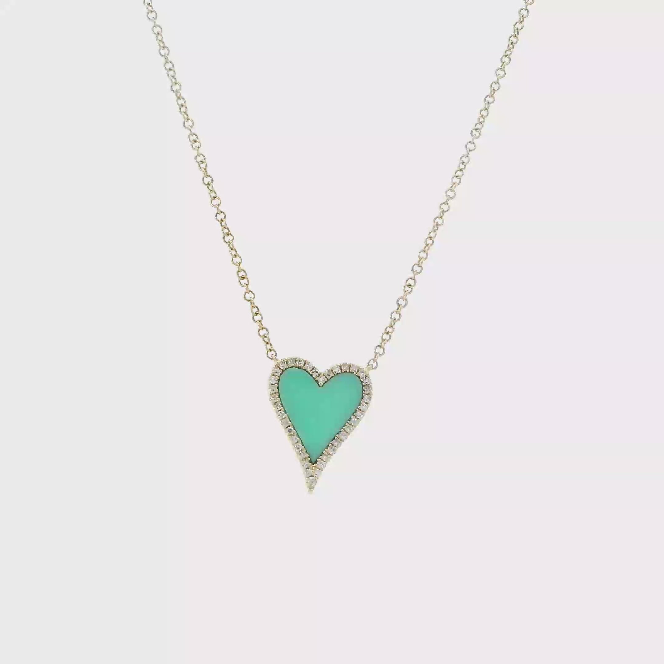 14K Yellow Gold Diamond Turquoise Heart Pendant & 14.75-18