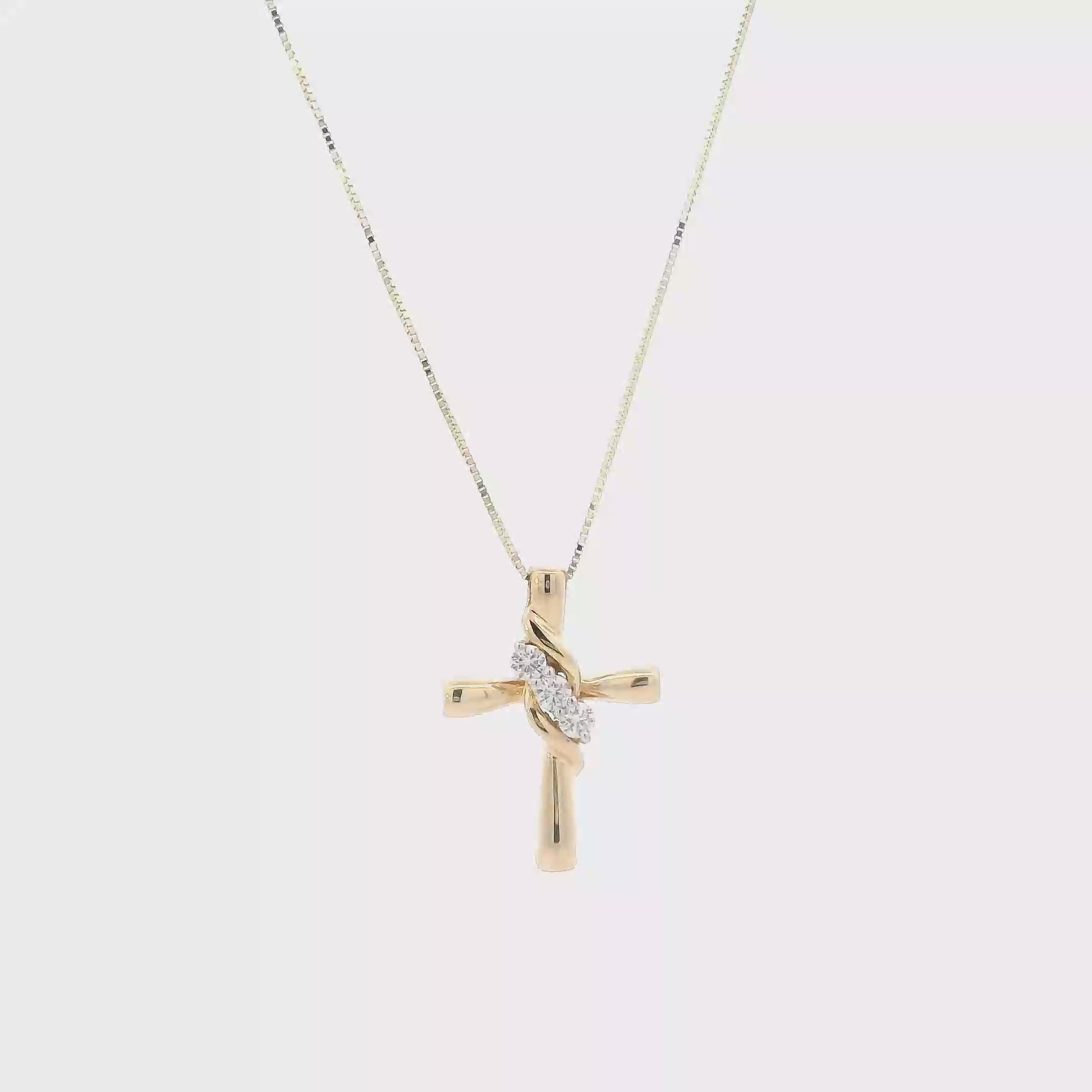 14K Yellow Gold Diamond Cross Pendant & Box Chain-0.13ct