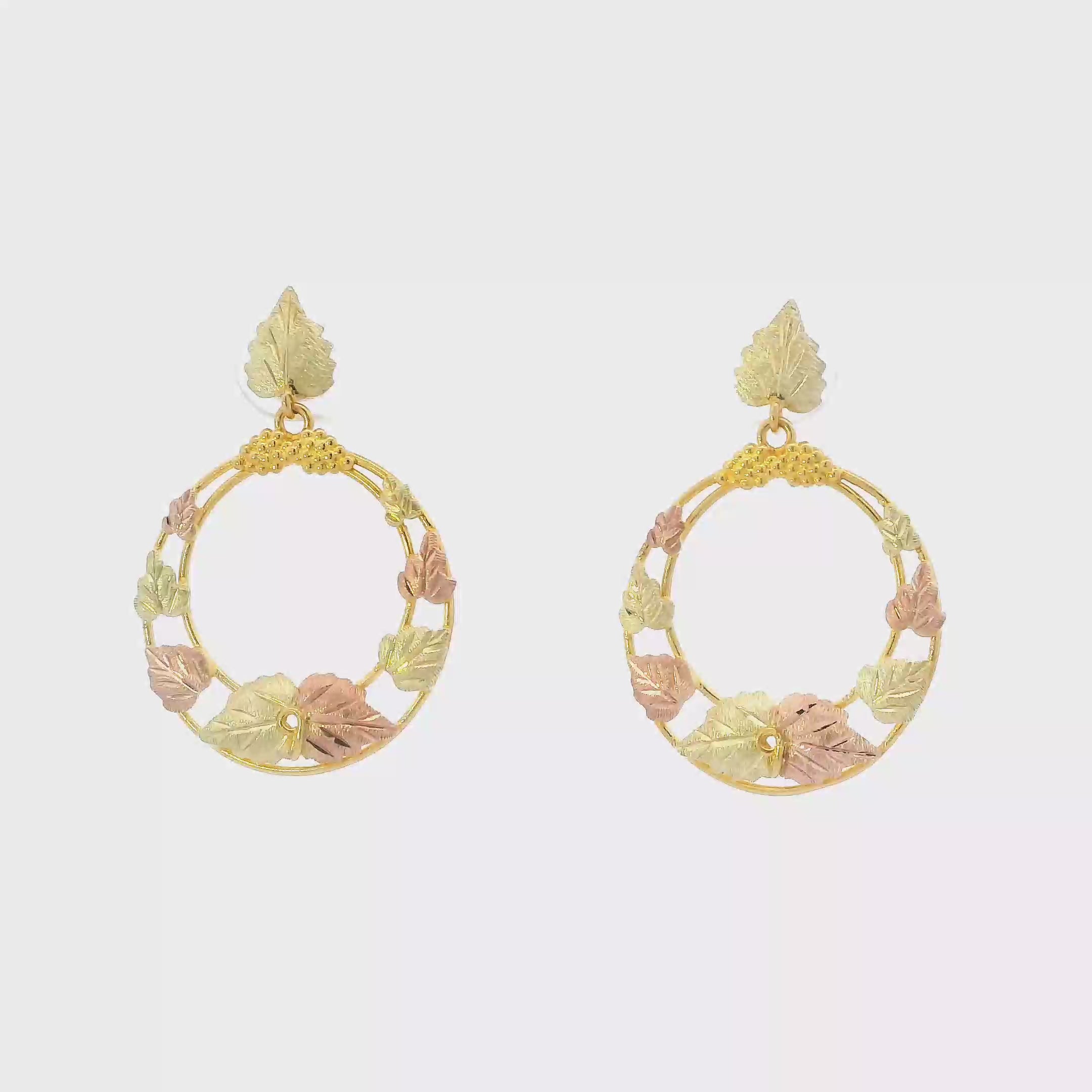 10K Tri Color Gold Black Hills Gold Dangle Leaves Earrings
