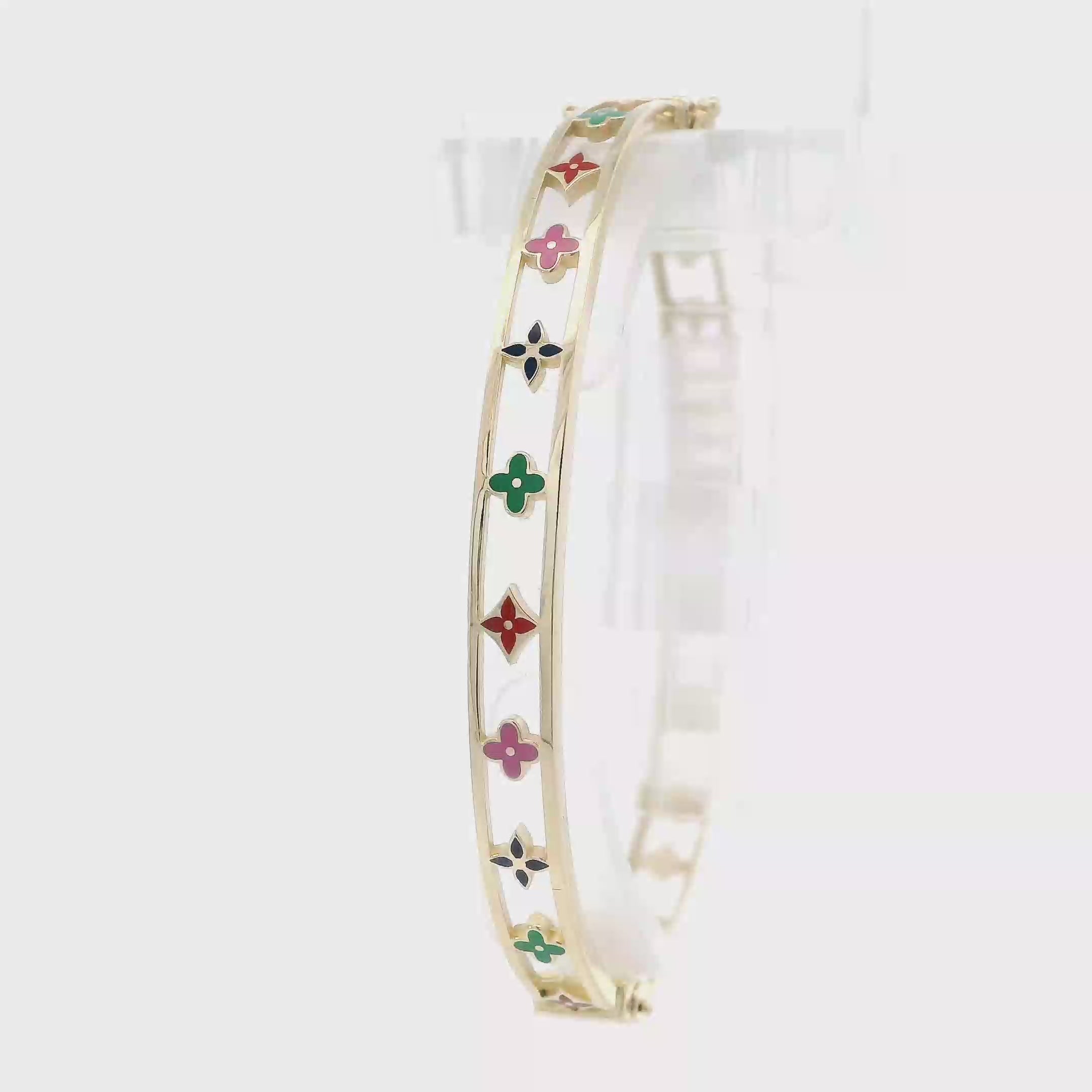 14K Yellow Gold Floral Multi Color Enamel Bangle Bracelet