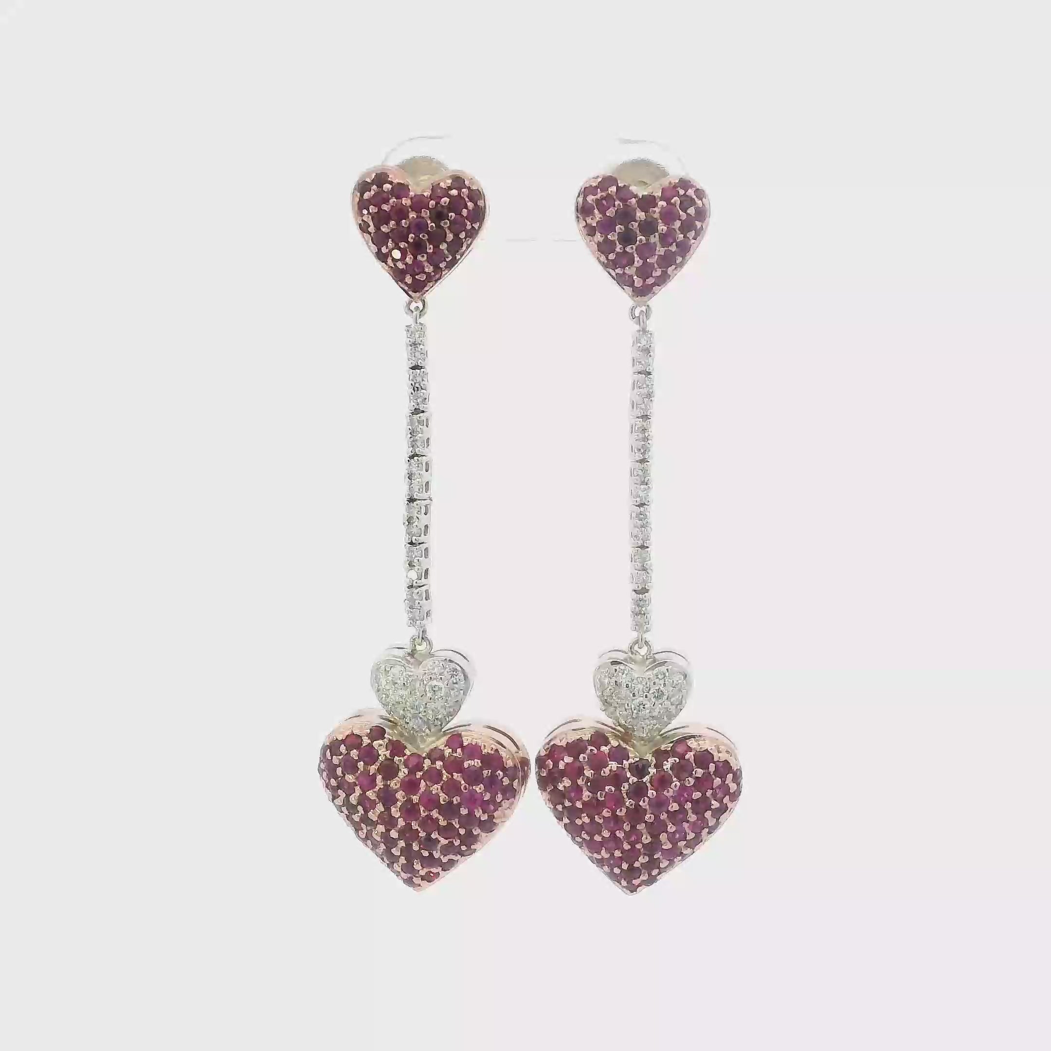 14K White & Rose Gold Diamonds & Ruby Heart Dangle Earrings - 0.64ct