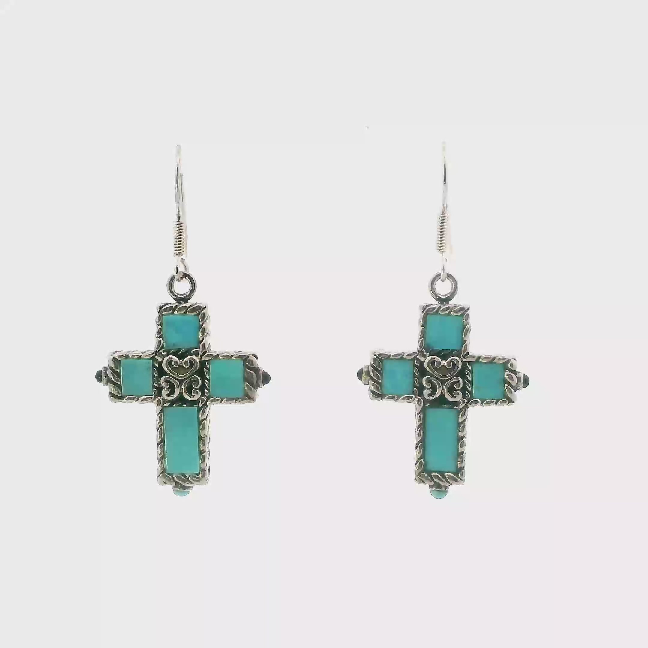 Sterling Silver Sally C Treasures Reversible Cross Turquoise & Onyx Earrings