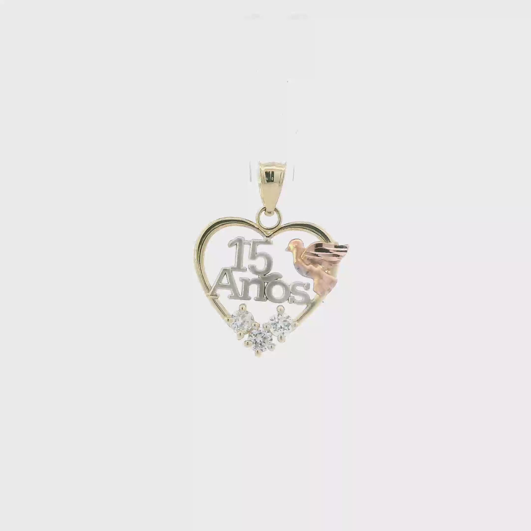14K Tri Color Gold 15 Anos Heart & Dove Pendant