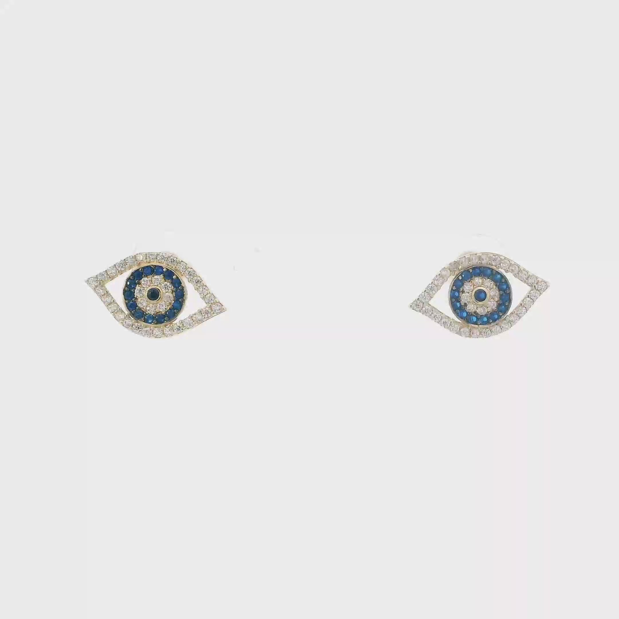 14K Yellow Gold White/Blue Cz Eye Stud Earrings