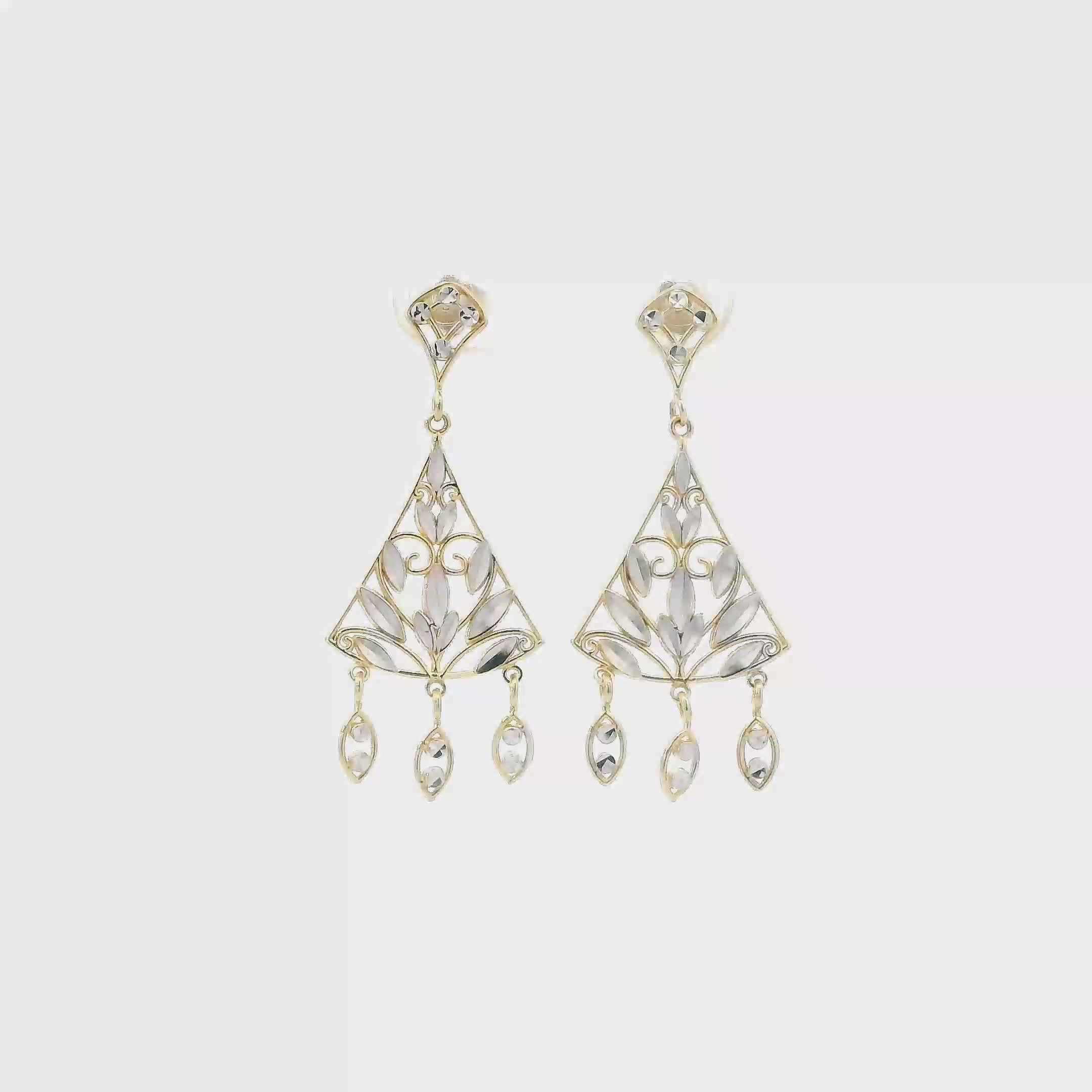 14K Yellow & White Gold Filigree Triangle Dangle Earrings