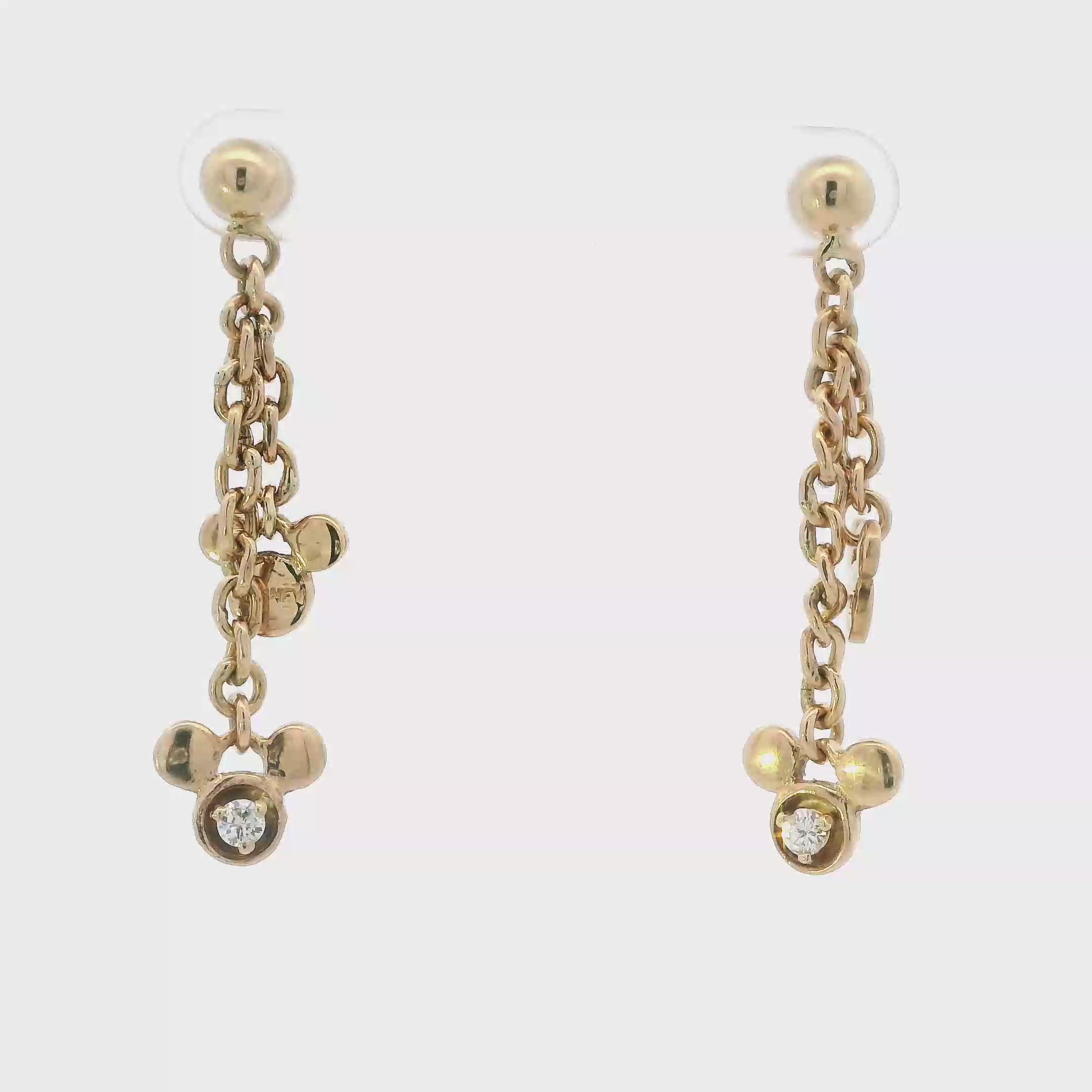 14K Yellow Gold Diamond Mickey Mouse & Double Cable Chain Dangle Earrings - 0.20ct