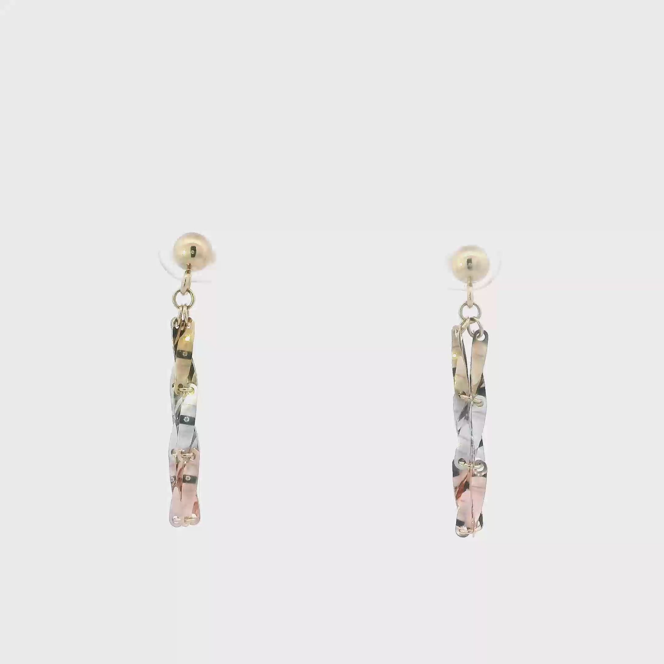 10K Tri Color Gold Twisted Dangle Earrings