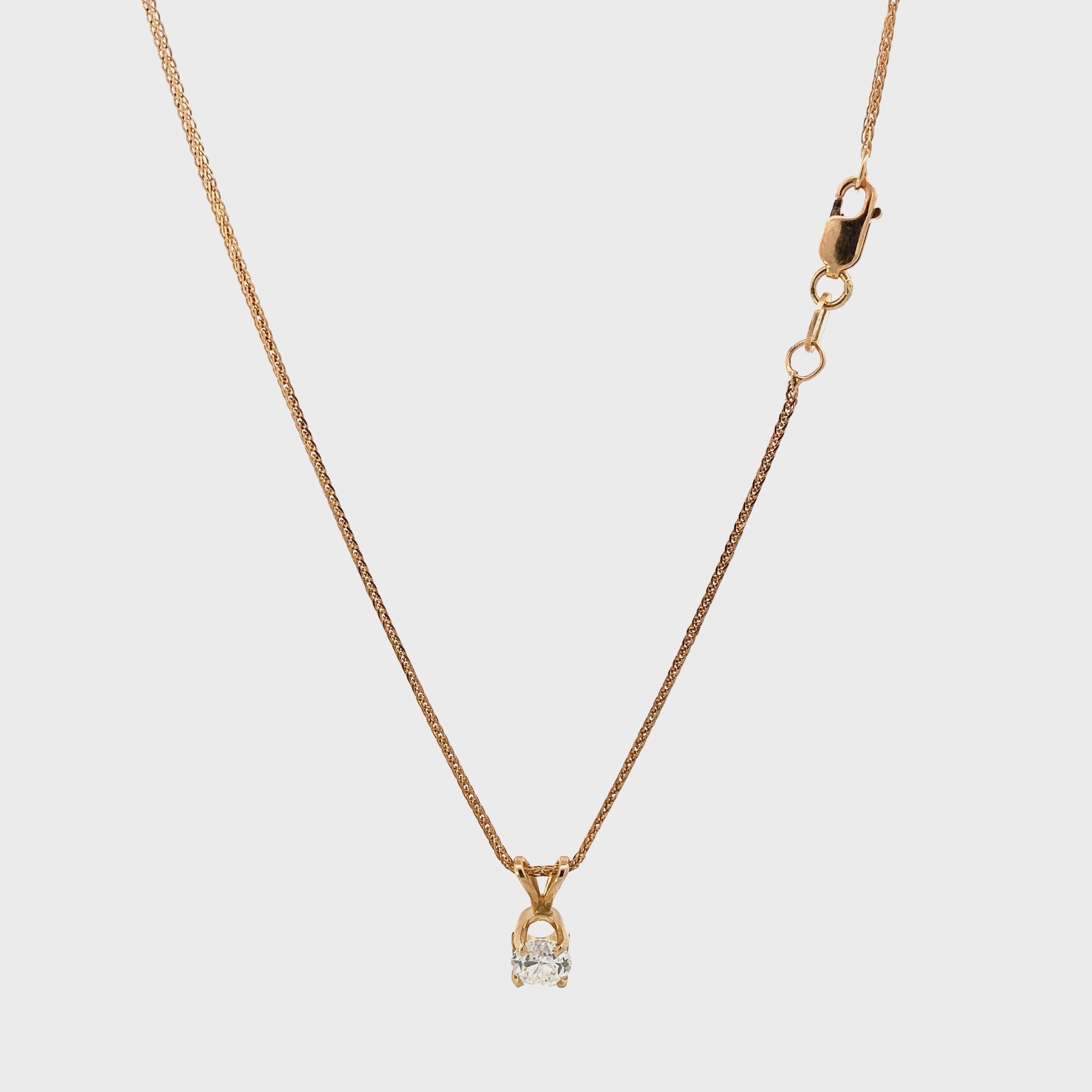 14K Yellow Gold Diamond Solitaire Pendant & Wheat Chain Set