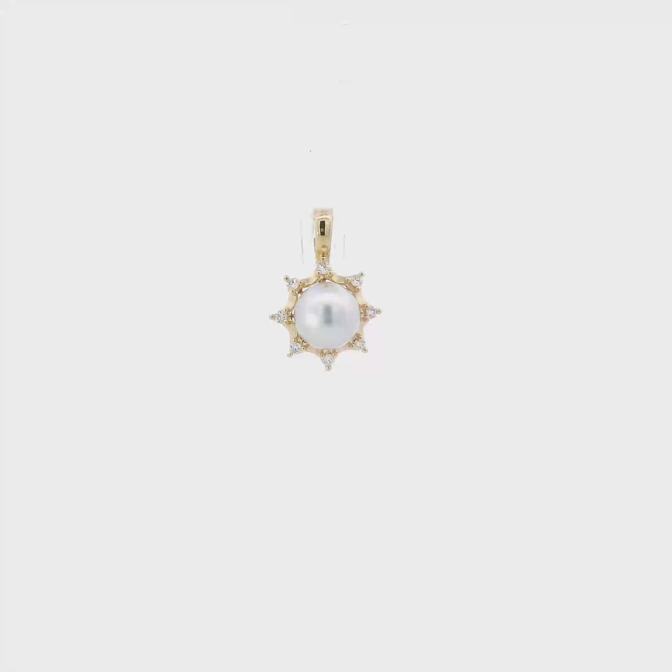 14K Yellow Gold Pearl & Diamond Sun Pendant - 0.10ct