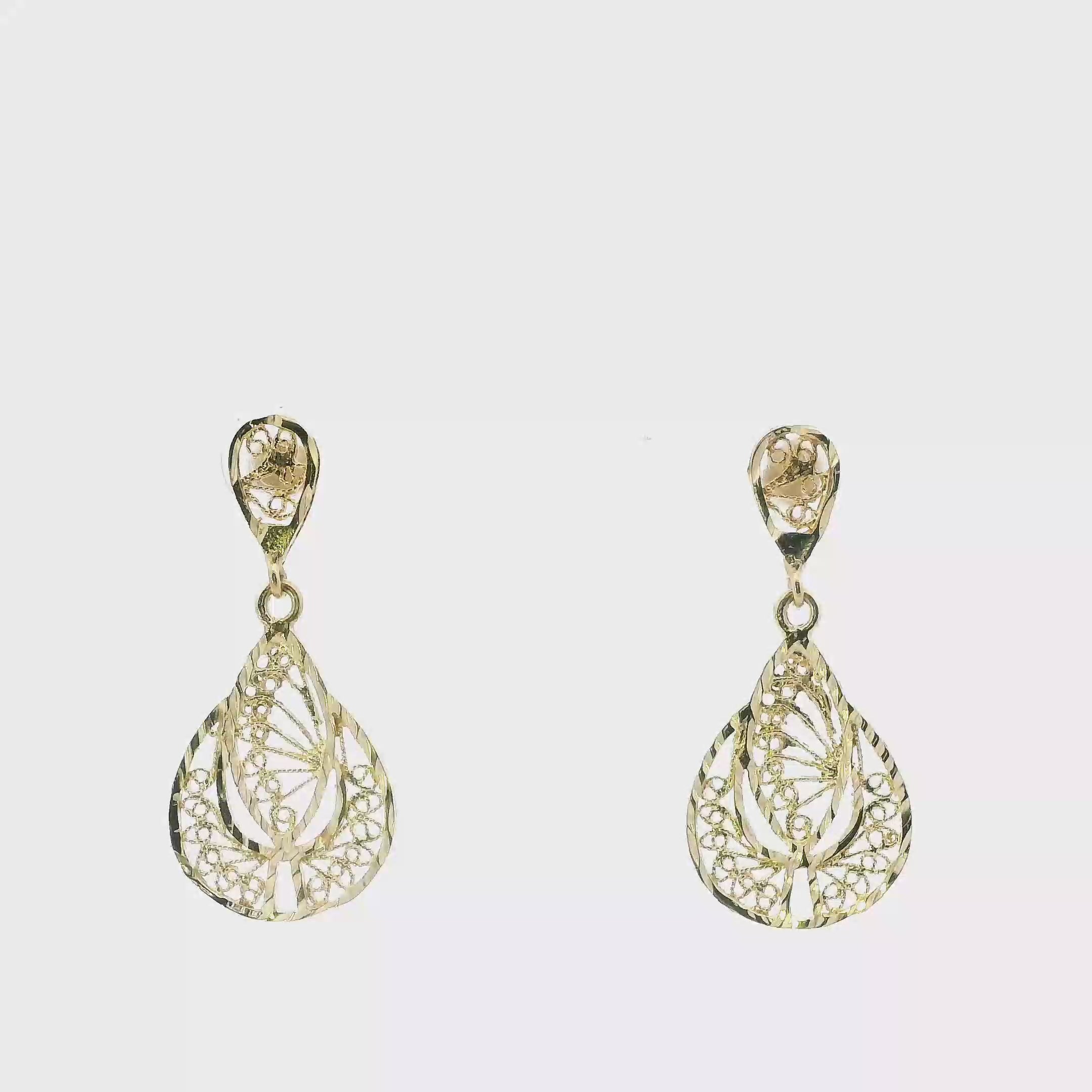 14K Yellow Gold Pear Filigree Dangle Earrings
