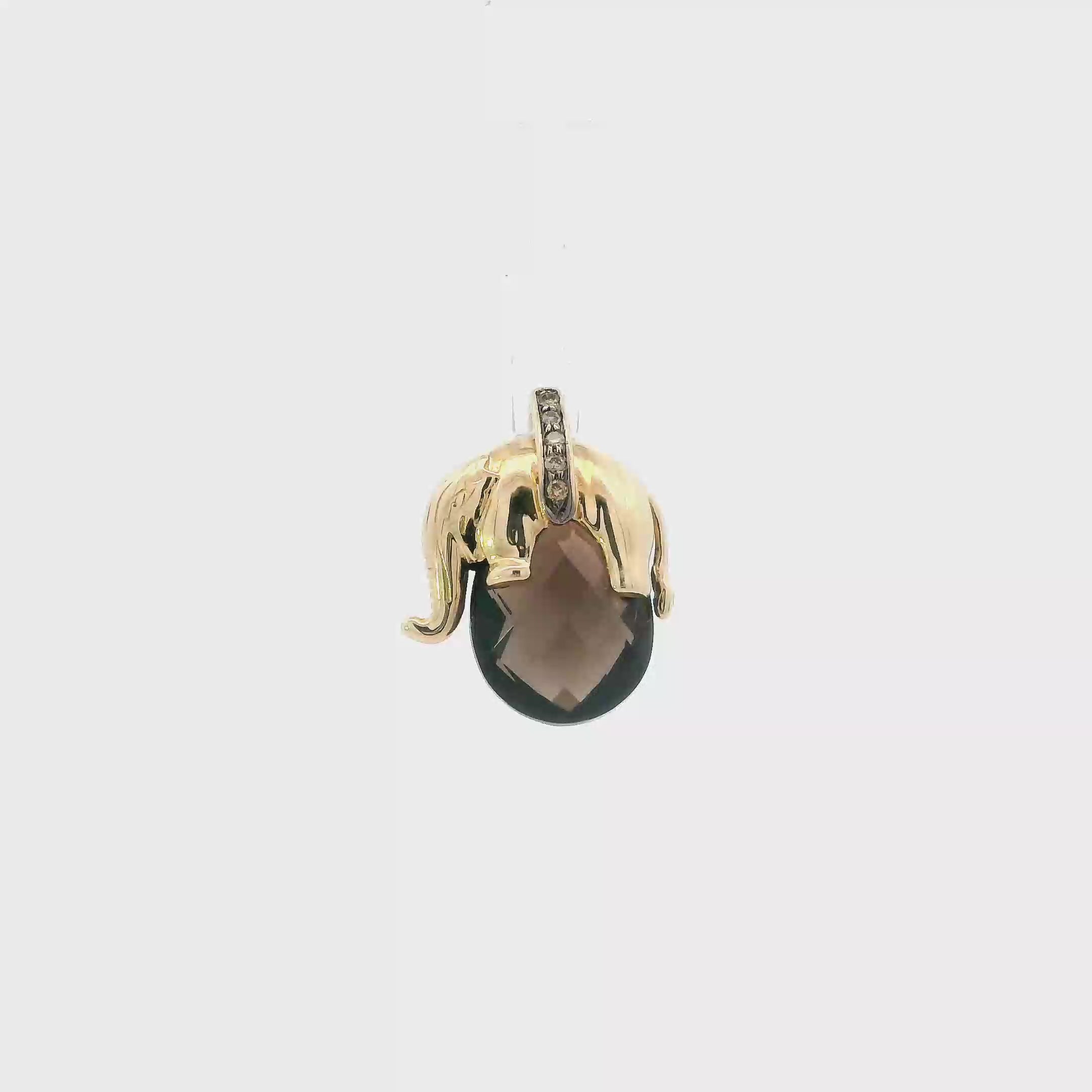 14K Yellow Gold Smokey Quartz & Diamond Elephant Pendant - 0.05ct