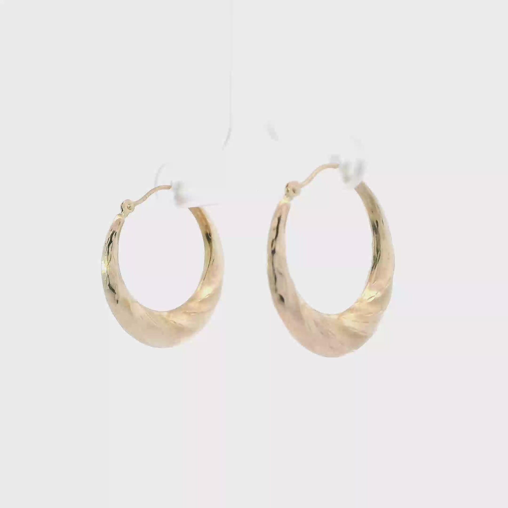 14K Yellow Gold Oval Texture Hoop Earrings
