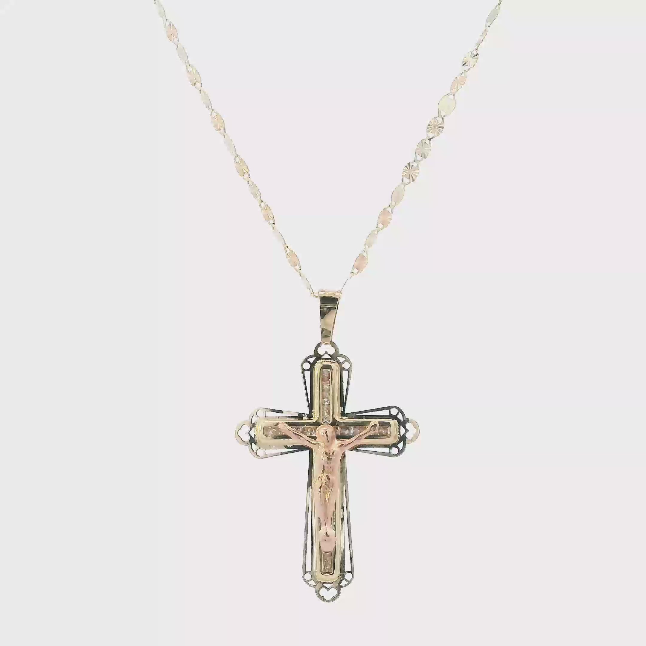 14K Yellow & Rose Gold Crucifix Pendant & Tri Color 18