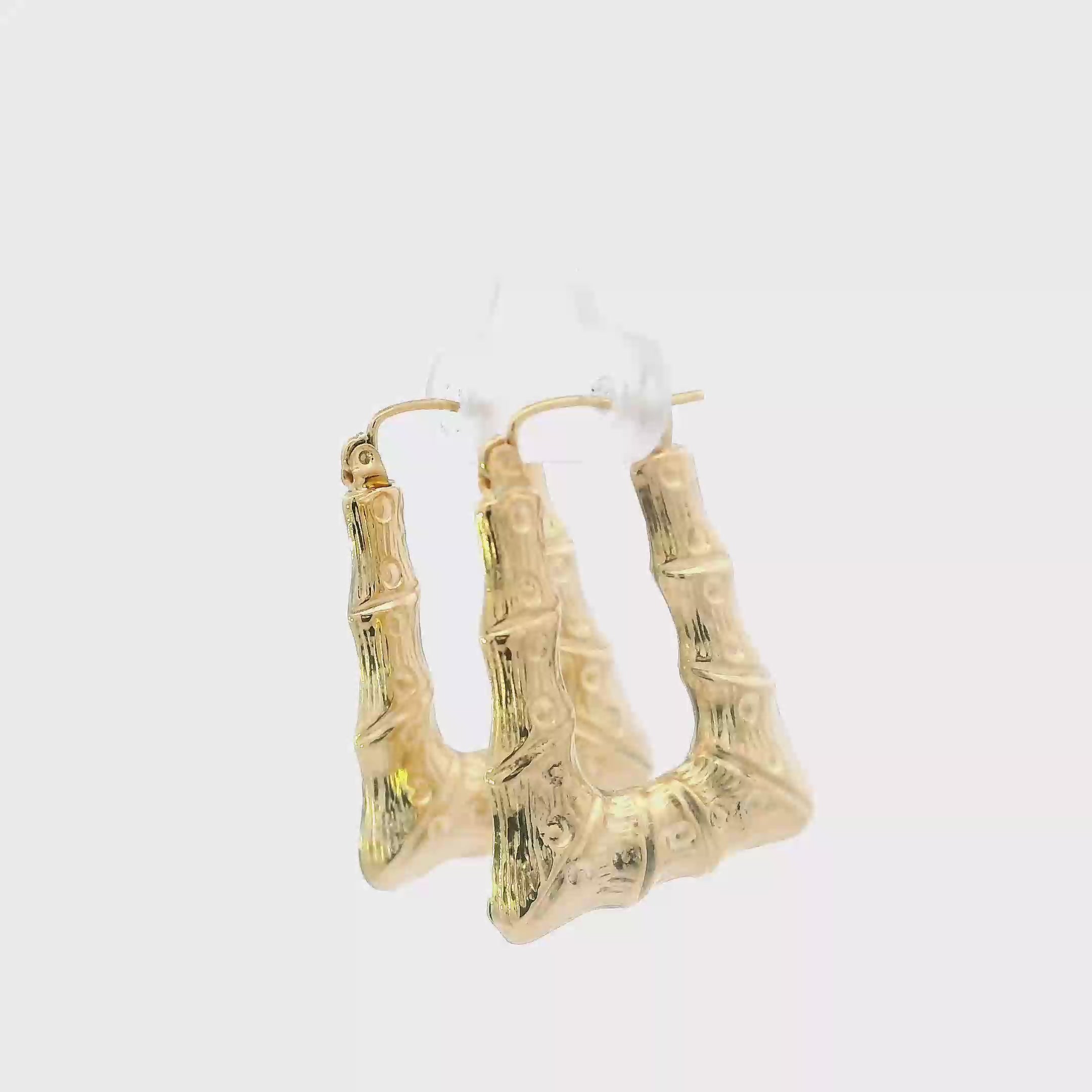 10K Yellow Gold Rectangle Bamboo Hoop Earrings