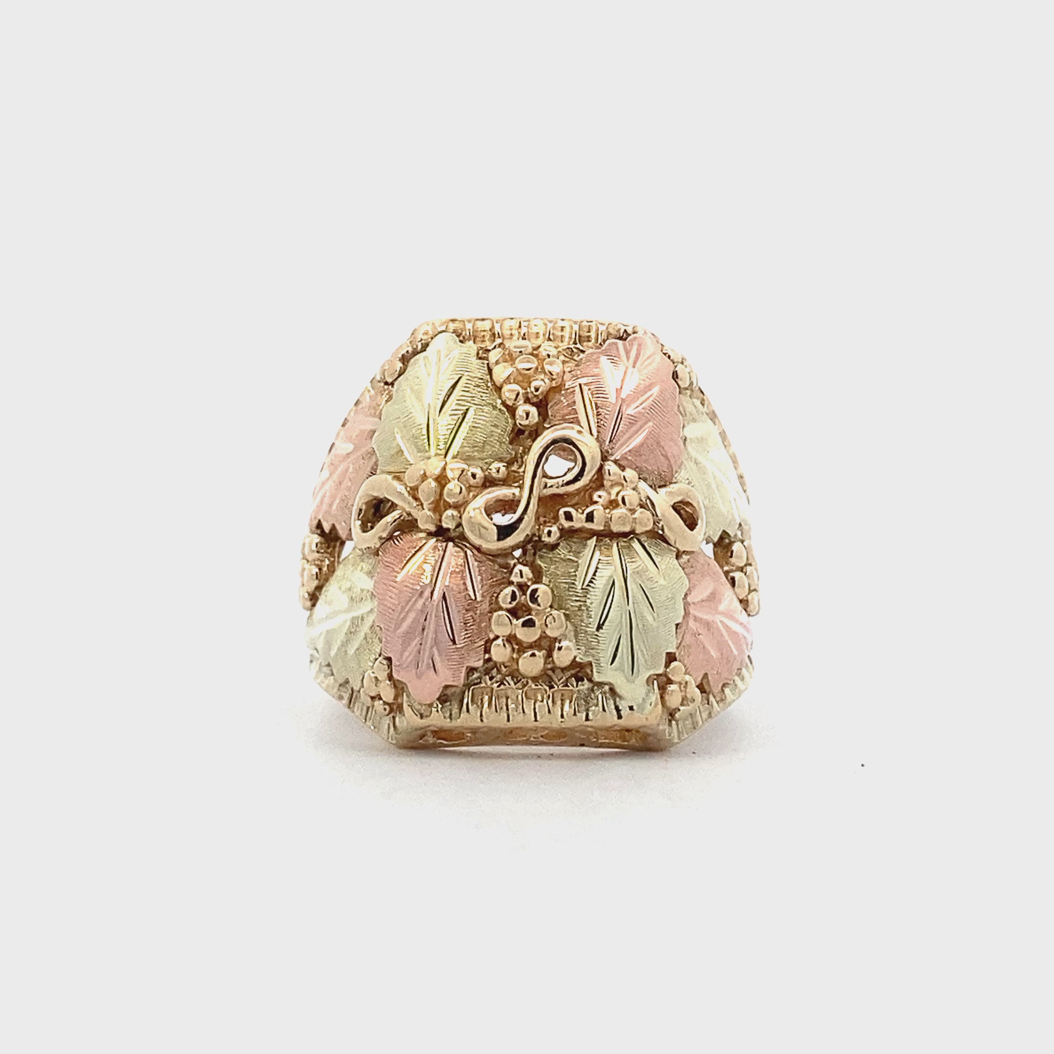 10K Yellow & Rose Gold Square Front Leaves & Grapes Ring