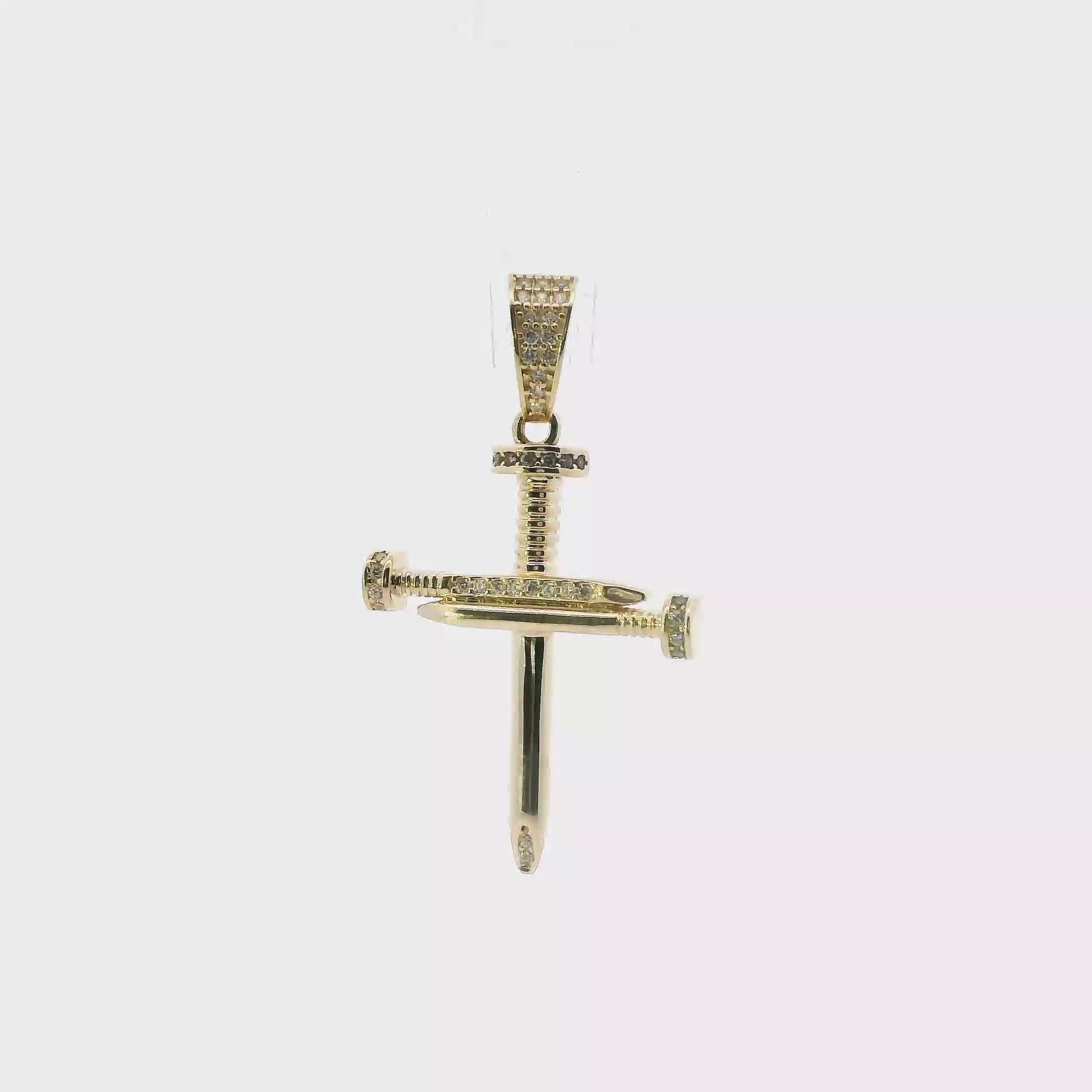 14K Yellow Gold Cz Nail Cross Pendant