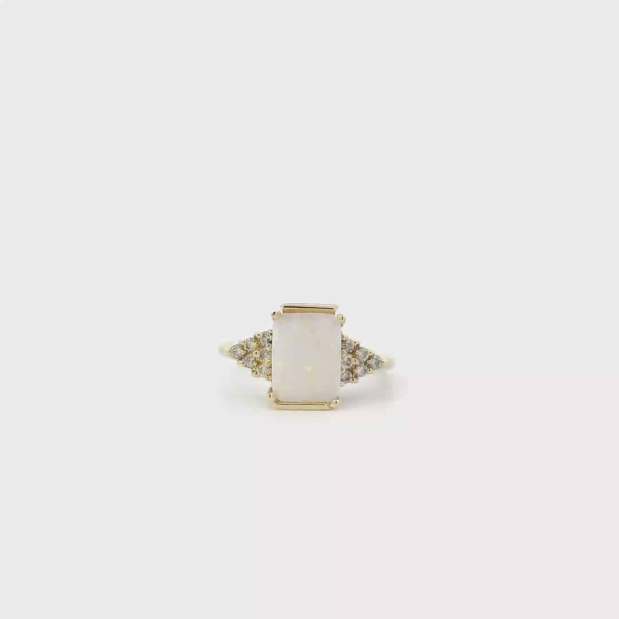 14K Yellow Gold Rectangle Opal & Diamond Women's Ring- 0.15ct