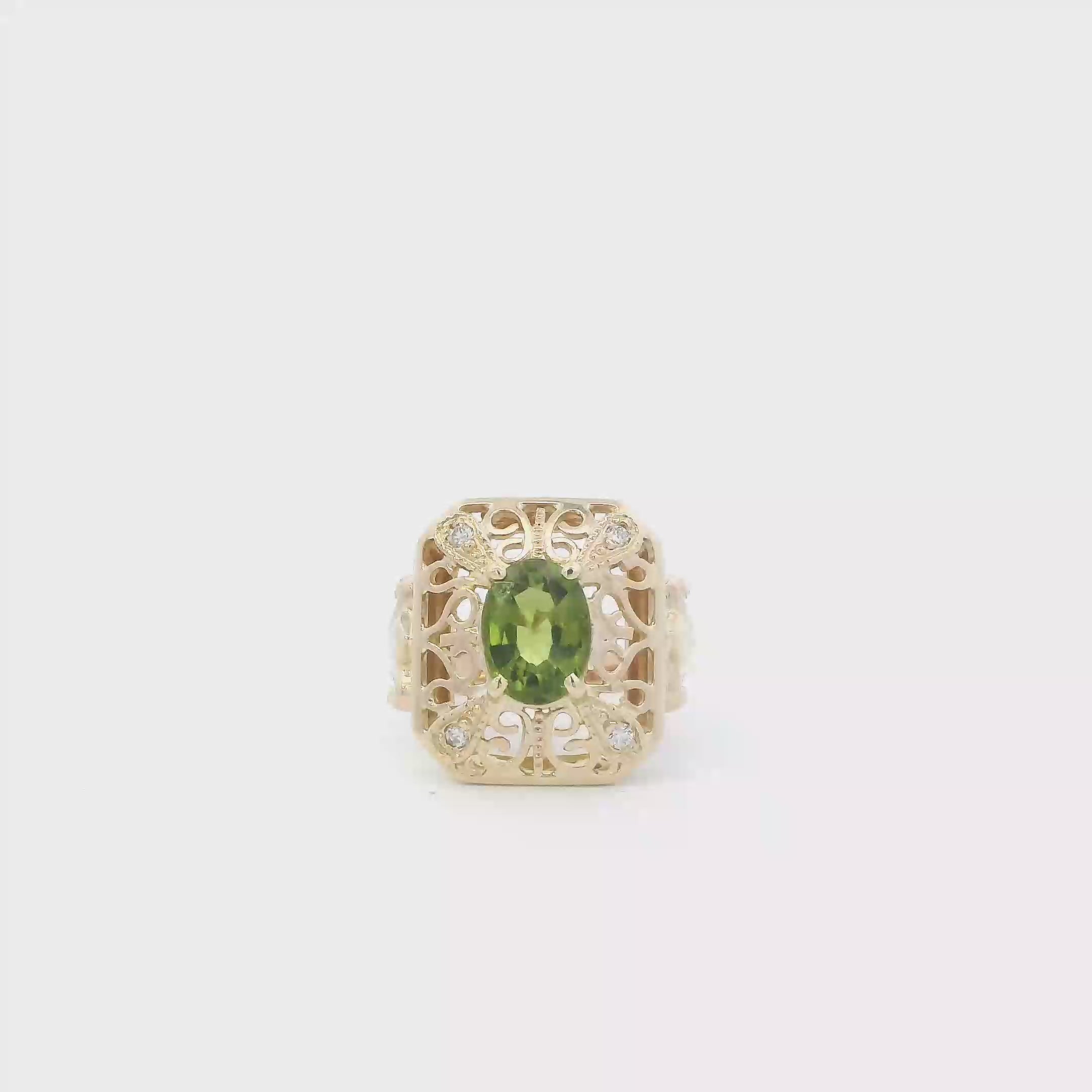 14K Yellow Gold Peridot Filigree Womens Ring