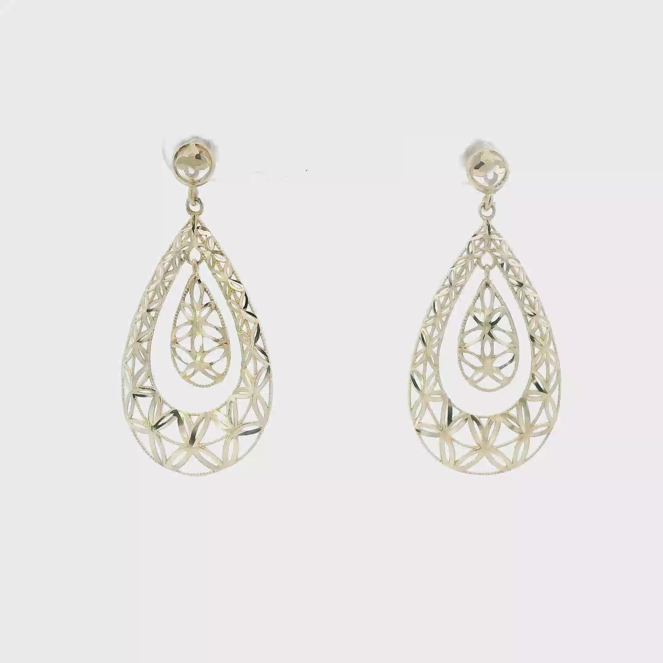 10K Yellow Gold Filigree Pear Dangle Earrings