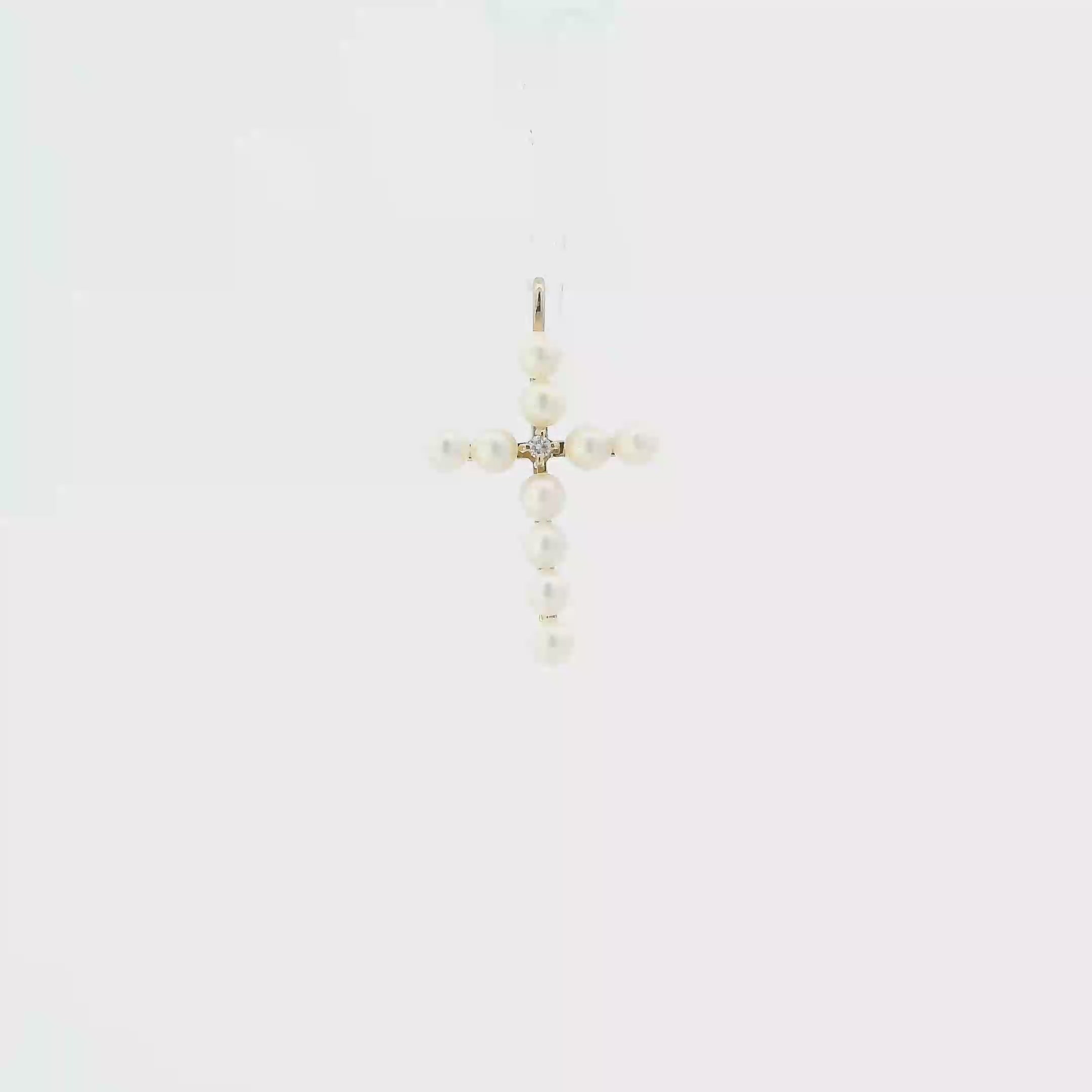 14K Yellow Gold Pearl & Diamond Cross Pendant - 0.01ct
