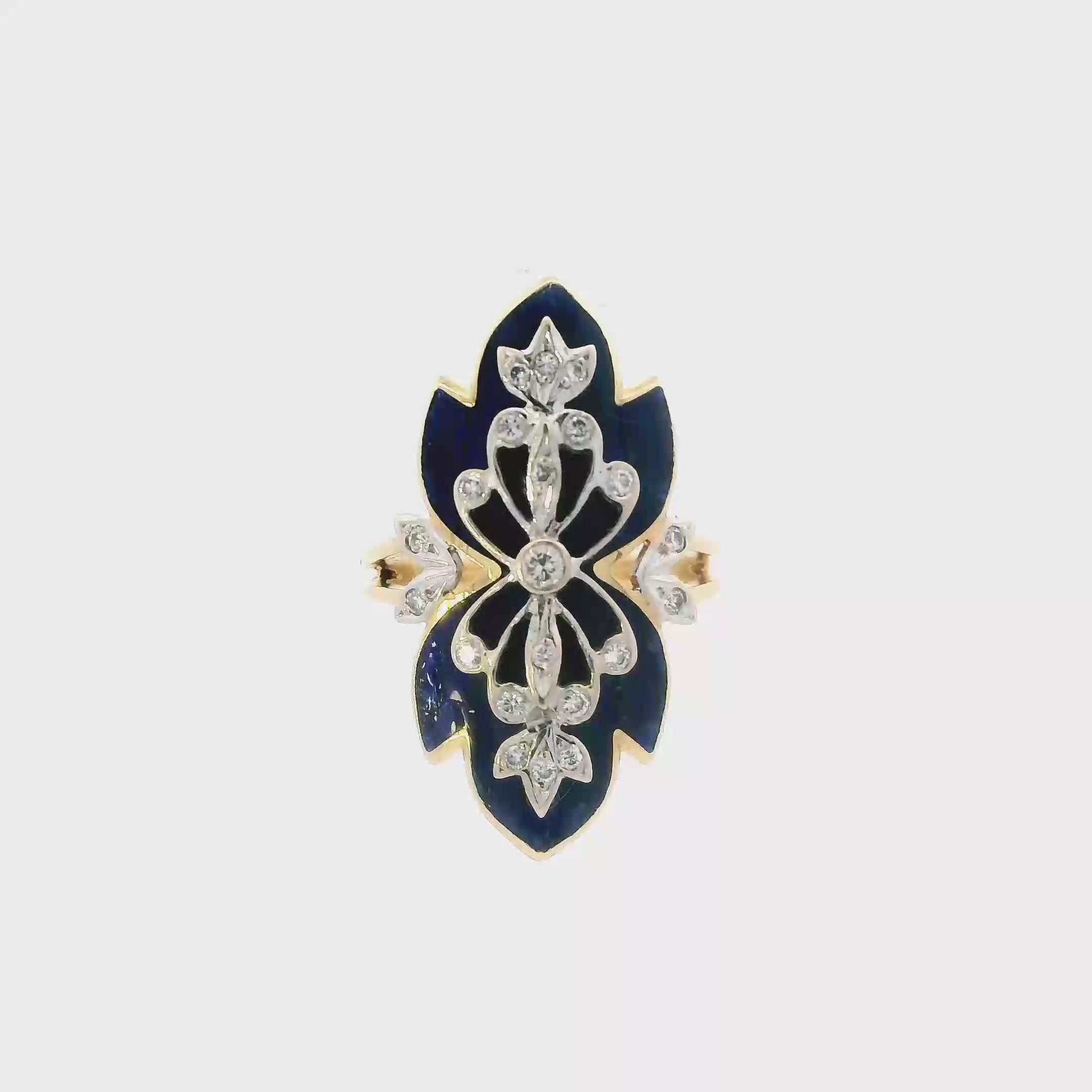 18K Yellow Gold Diamond & enamel Womens Ring - 0.37ct