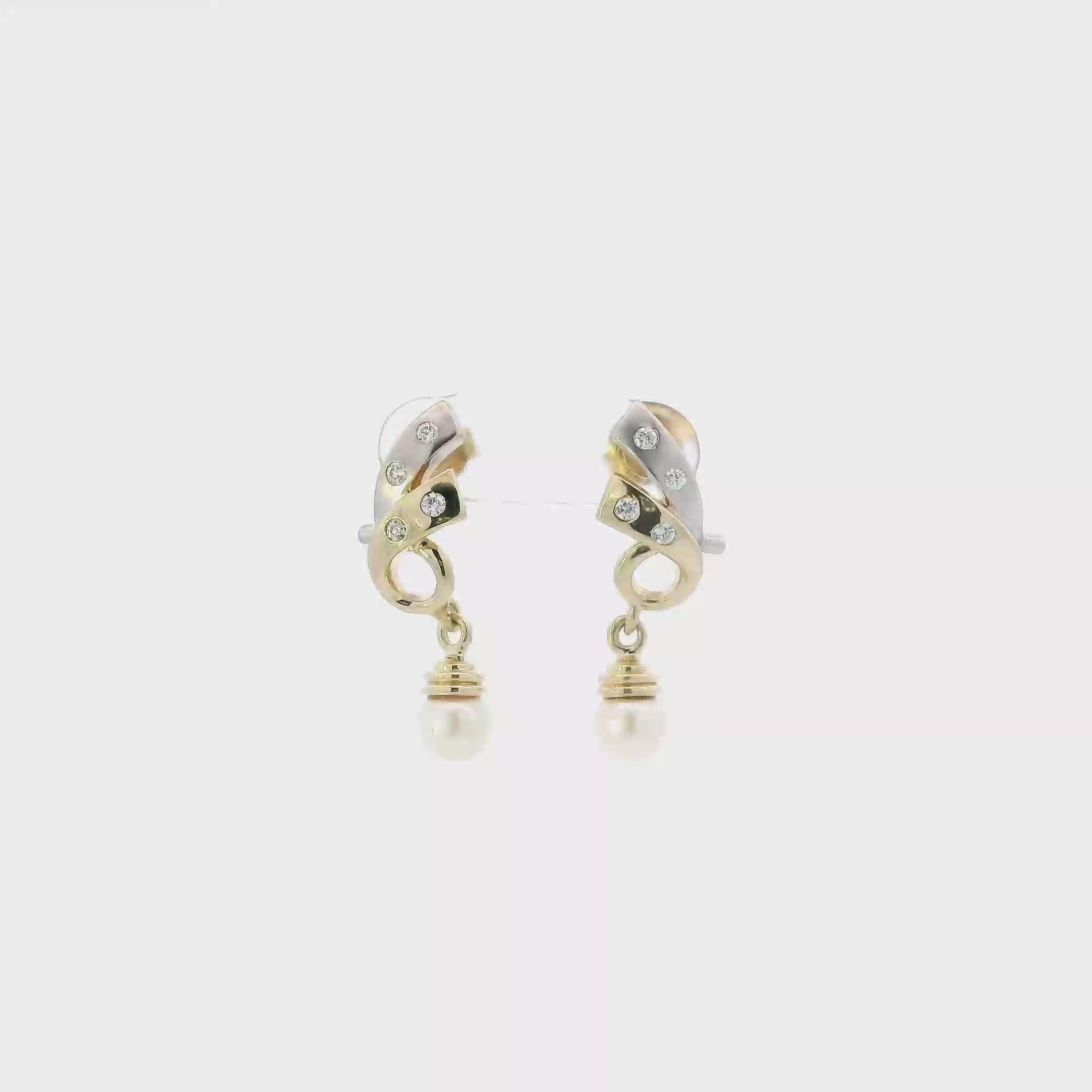 14K Yellow & White Gold Pearl Cz Dangle Earrings