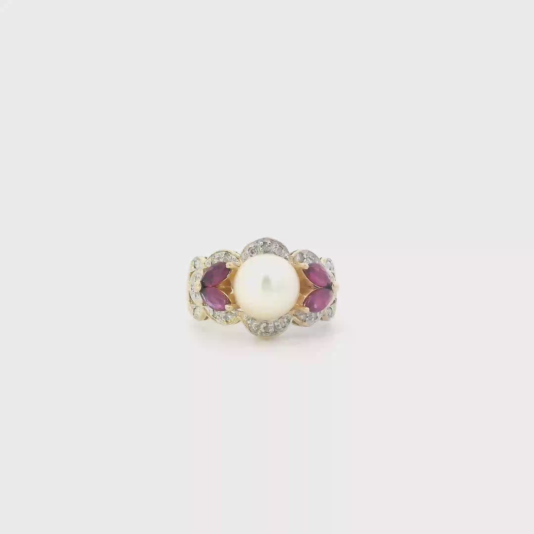 14K Yellow Gold Pearl & Rubies Womans Ring