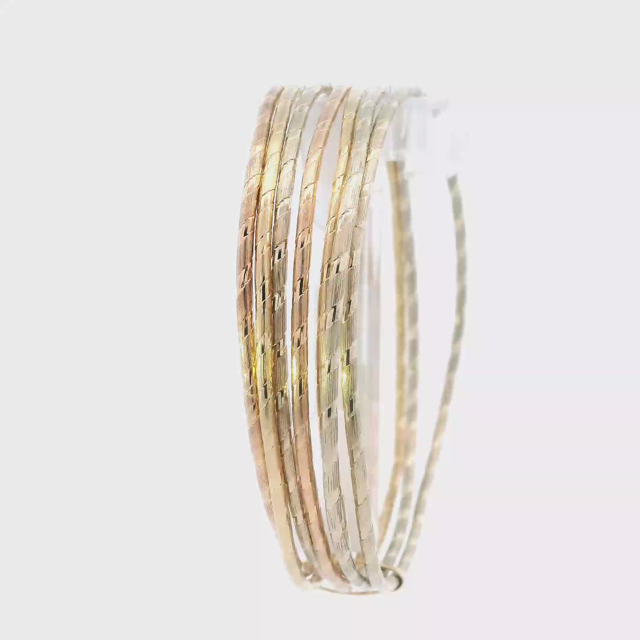 14K Tri Color Gold Diamond Cut Matching Bangle Bracelet Set - With Slight Dent On Them