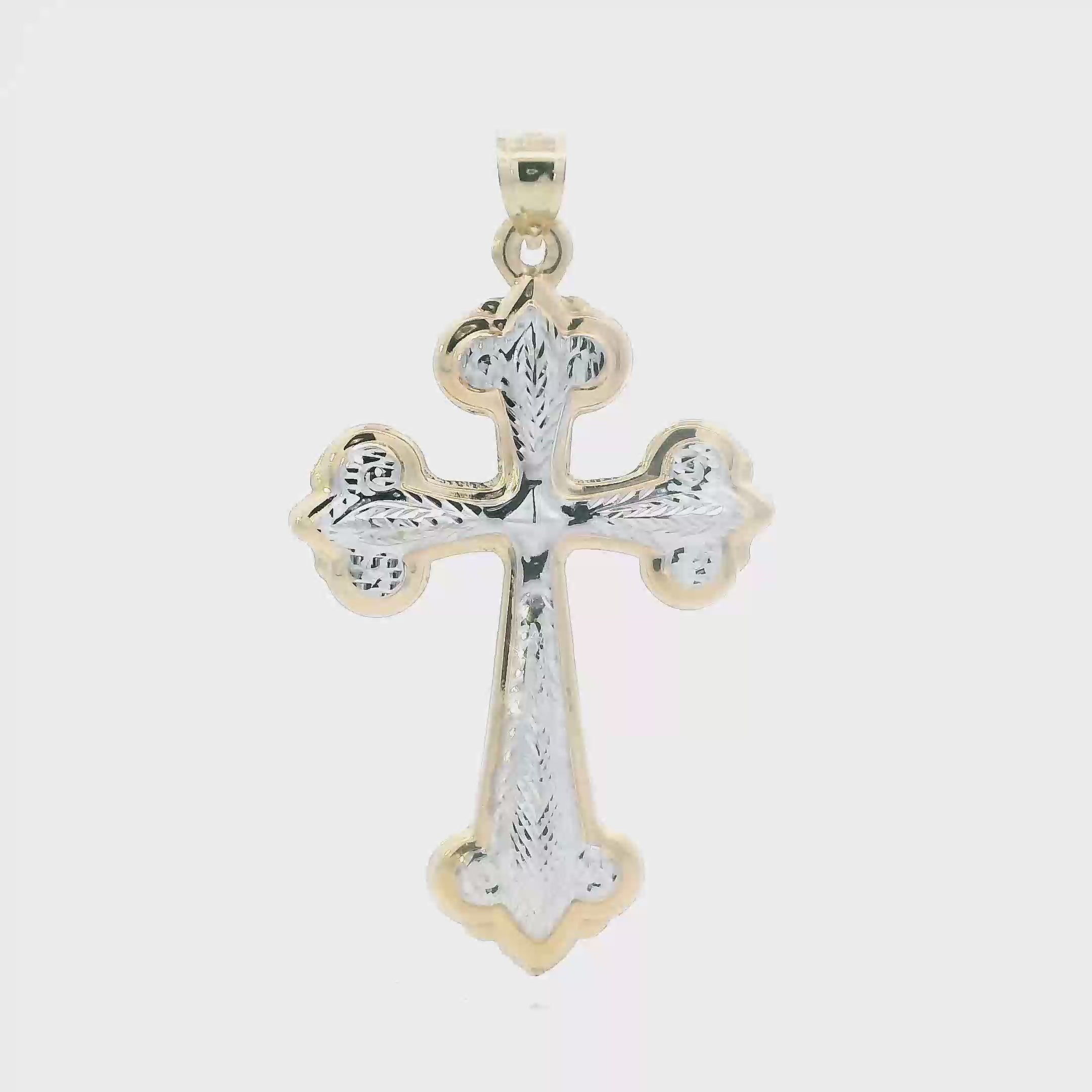 14K Yellow & White Gold Hollow Cross Pendant W/ Prayer On Back