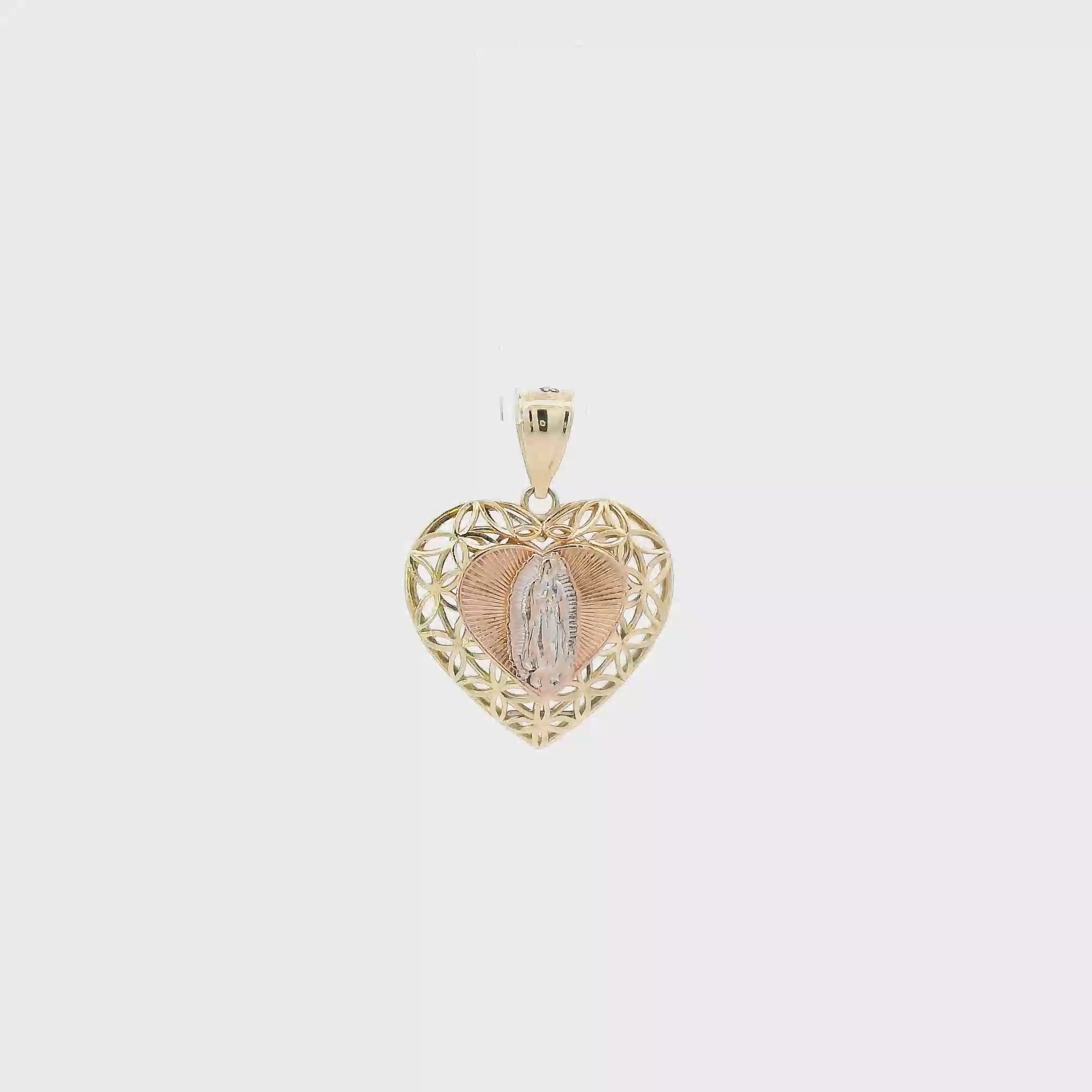 14K Tri Color Religious Figure Filigree Heart Pendant